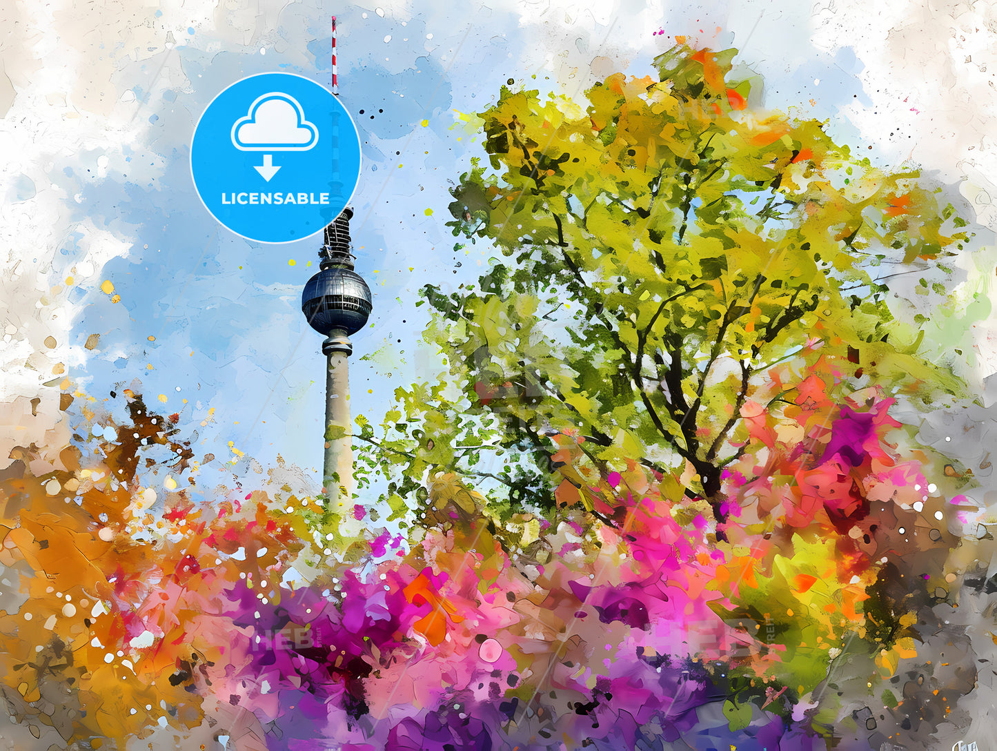 Berlin Germany Cityscape, A Tower With A Tall Pointy Tower In Front Of Colorful Trees