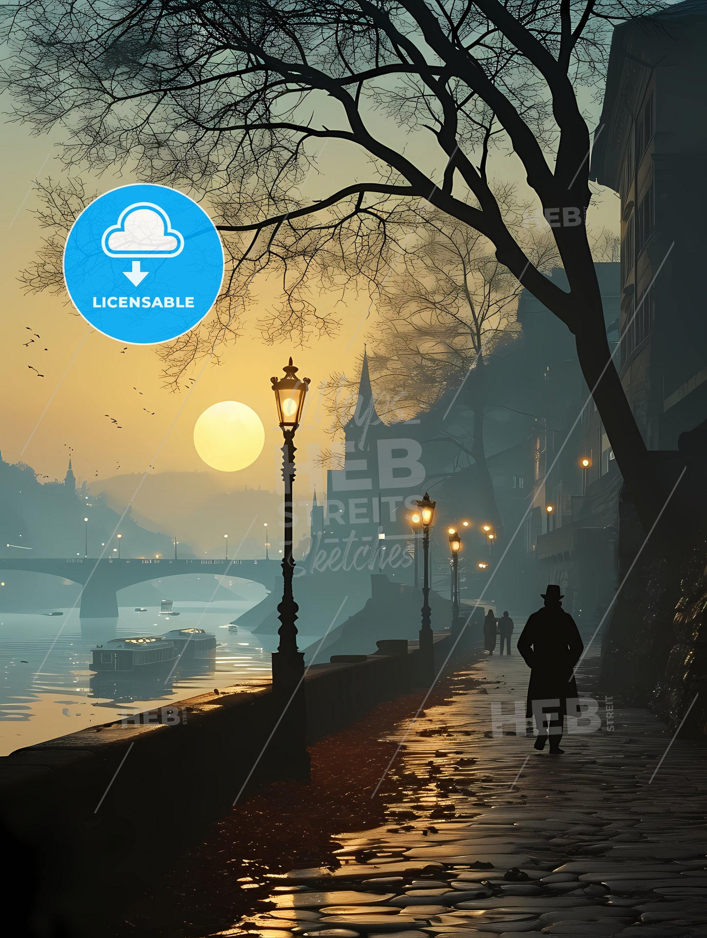 Vector Poster Traveling, A Person Walking On A Sidewalk Next To A River