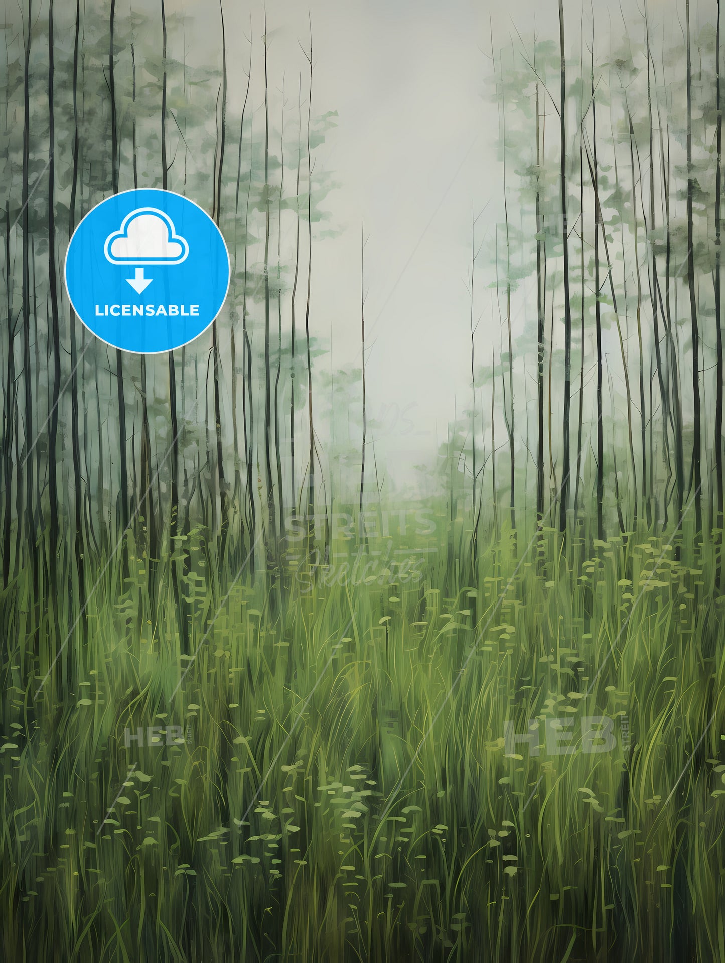 A Painting With Green Grass, A Tall Grass And Tall Trees