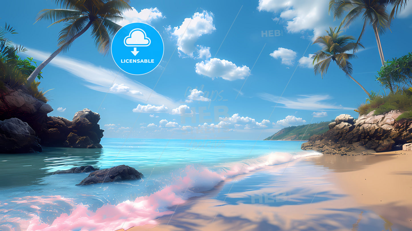 Blue Sky ,White Cloudy , Blue Sea, A Beach With Palm Trees And Rocks
