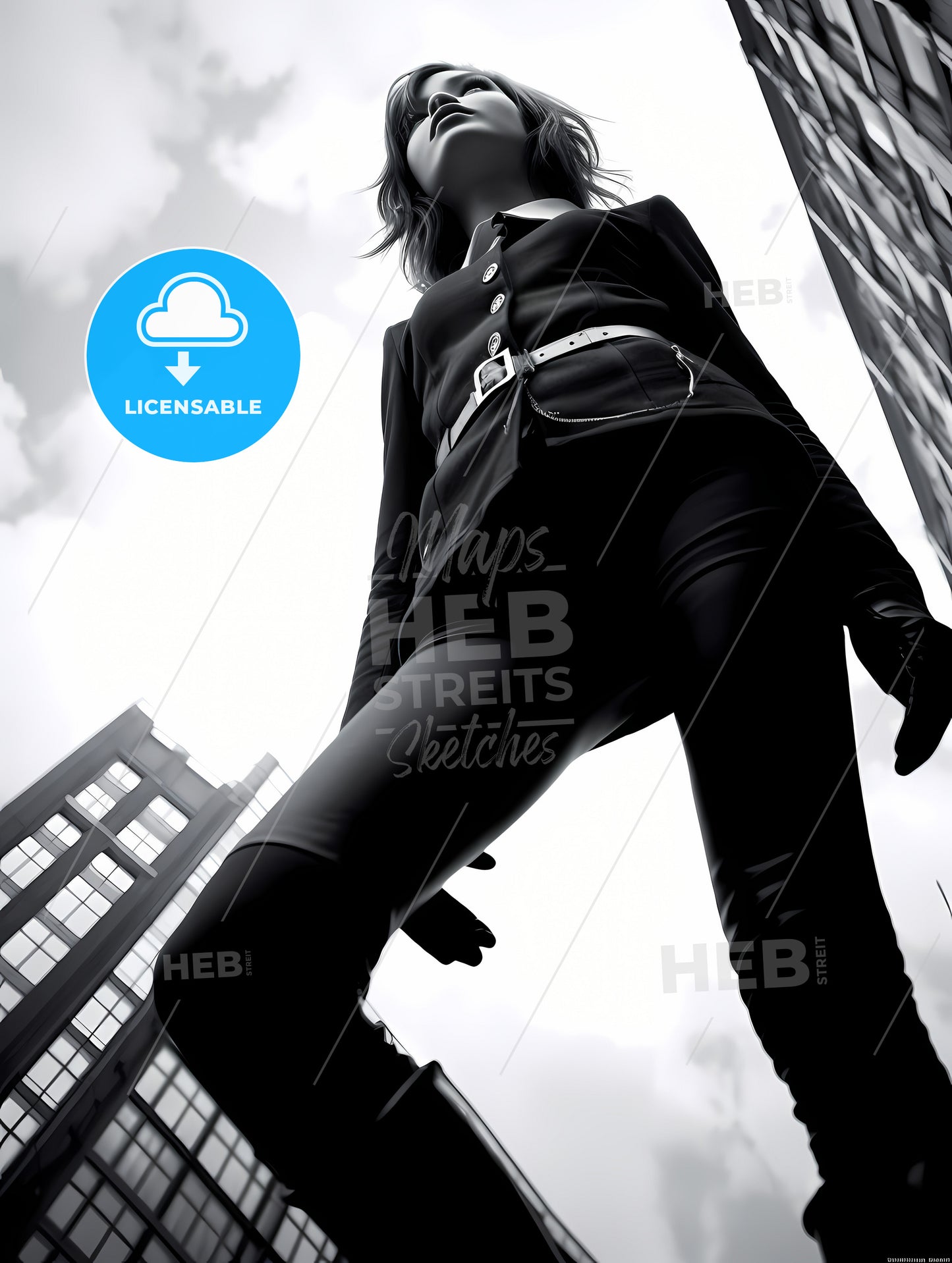 Girl Model Shooting Low Angle Shot, A Woman Standing In Front Of Tall Buildings