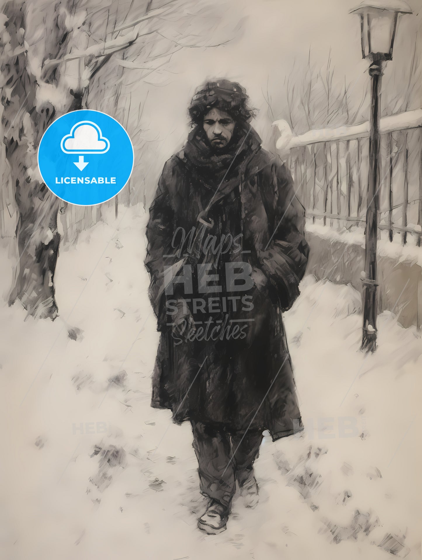 Charcoal Drawing Of A Boshevik, A Man Walking In The Snow