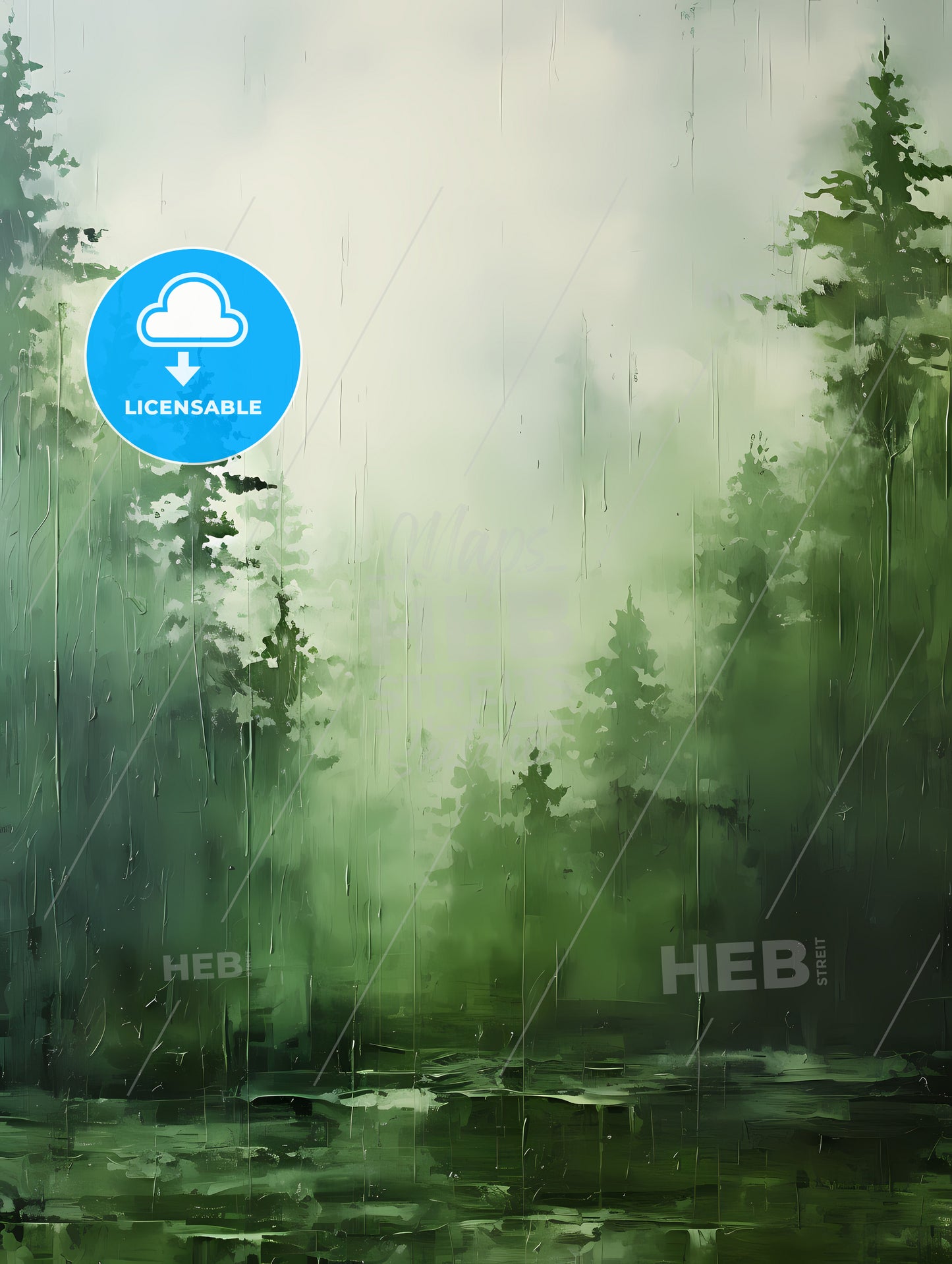 Green Forest Landscape Oil, A Water With Trees And Fog