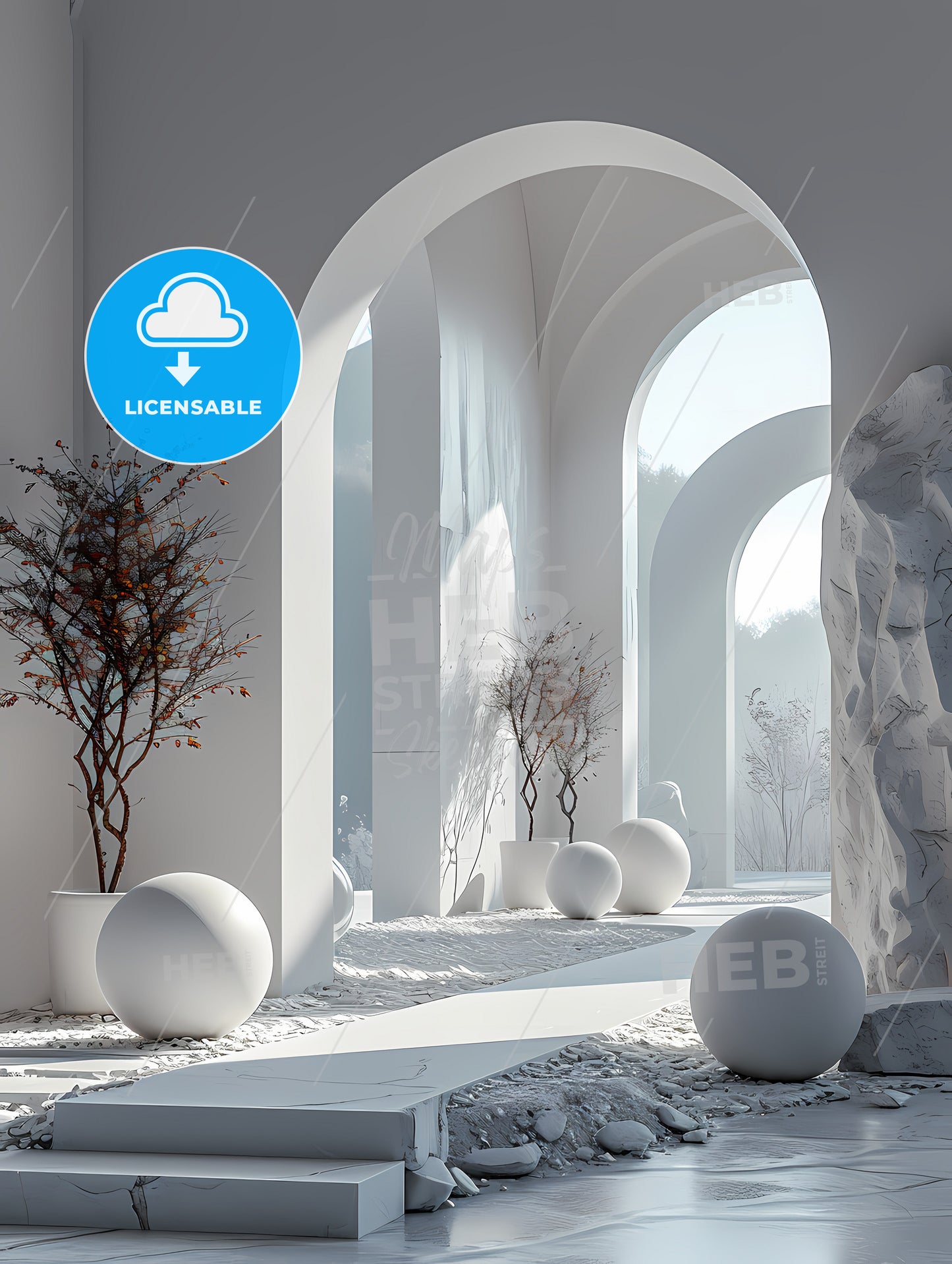 Modern And Simple Ins Style Product Photography Background, A White Room With White Balls And Trees