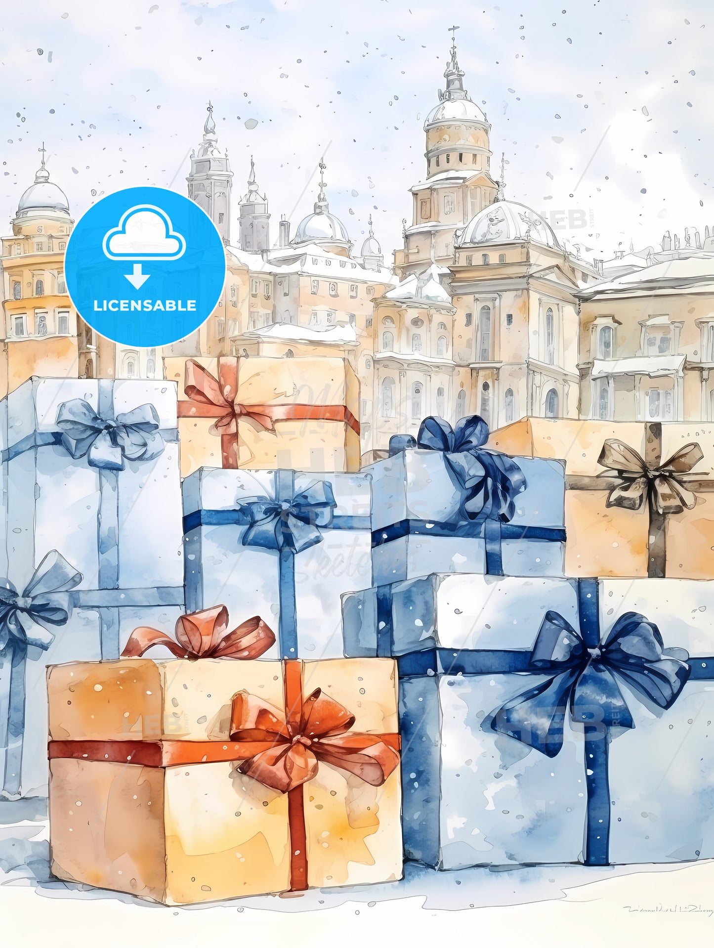 Christmas And Holiday Gifts On Snow, A Group Of Presents With Bows