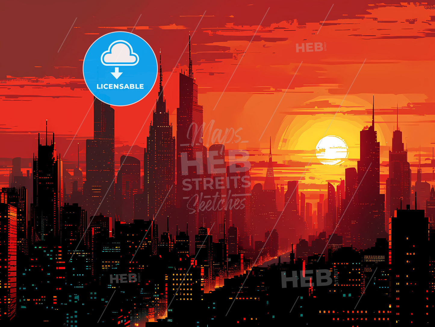 Tshirt Design Minimalist, A City Skyline With A Sunset