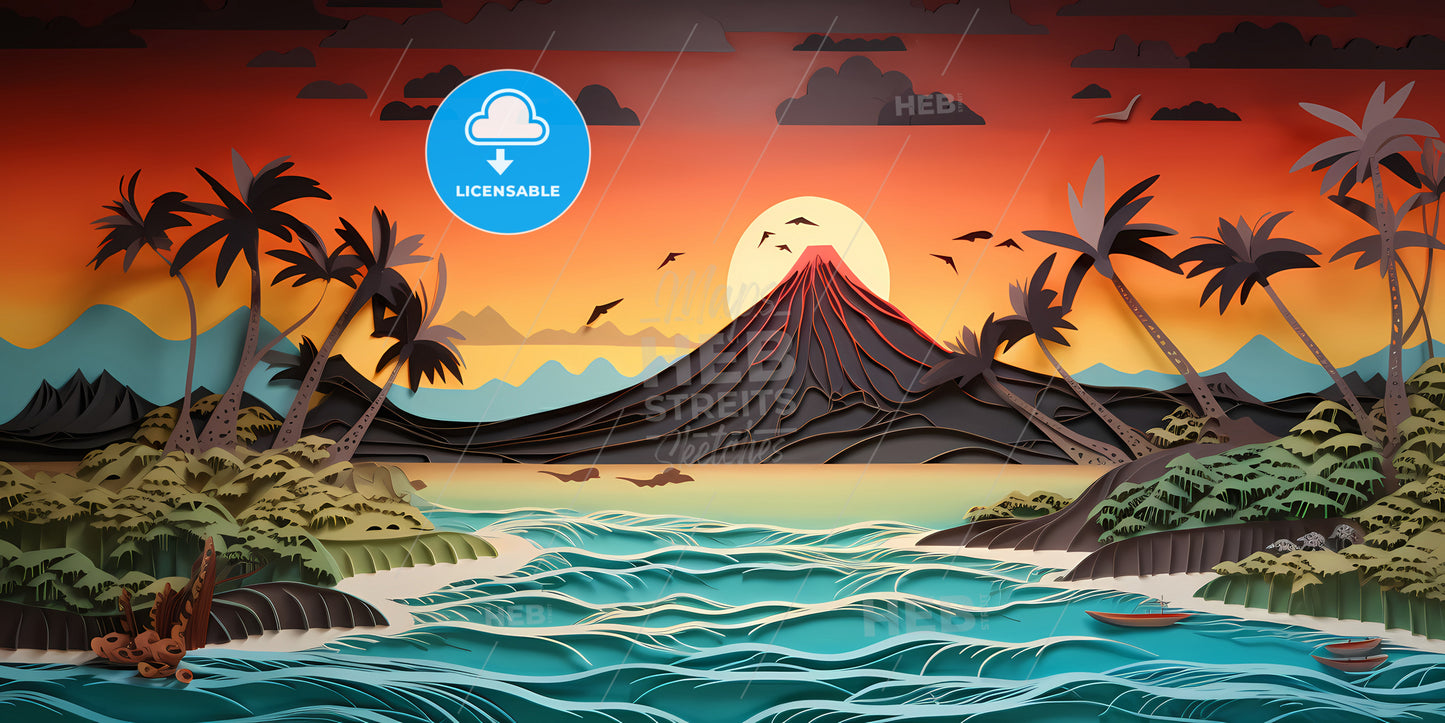 A Calm And Serene Beach, A Paper Cut Of A Beach With A Mountain And Palm Trees