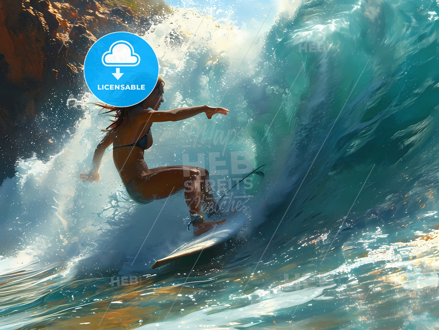 Riding A Surf Board, A Woman Surfing In The Ocean