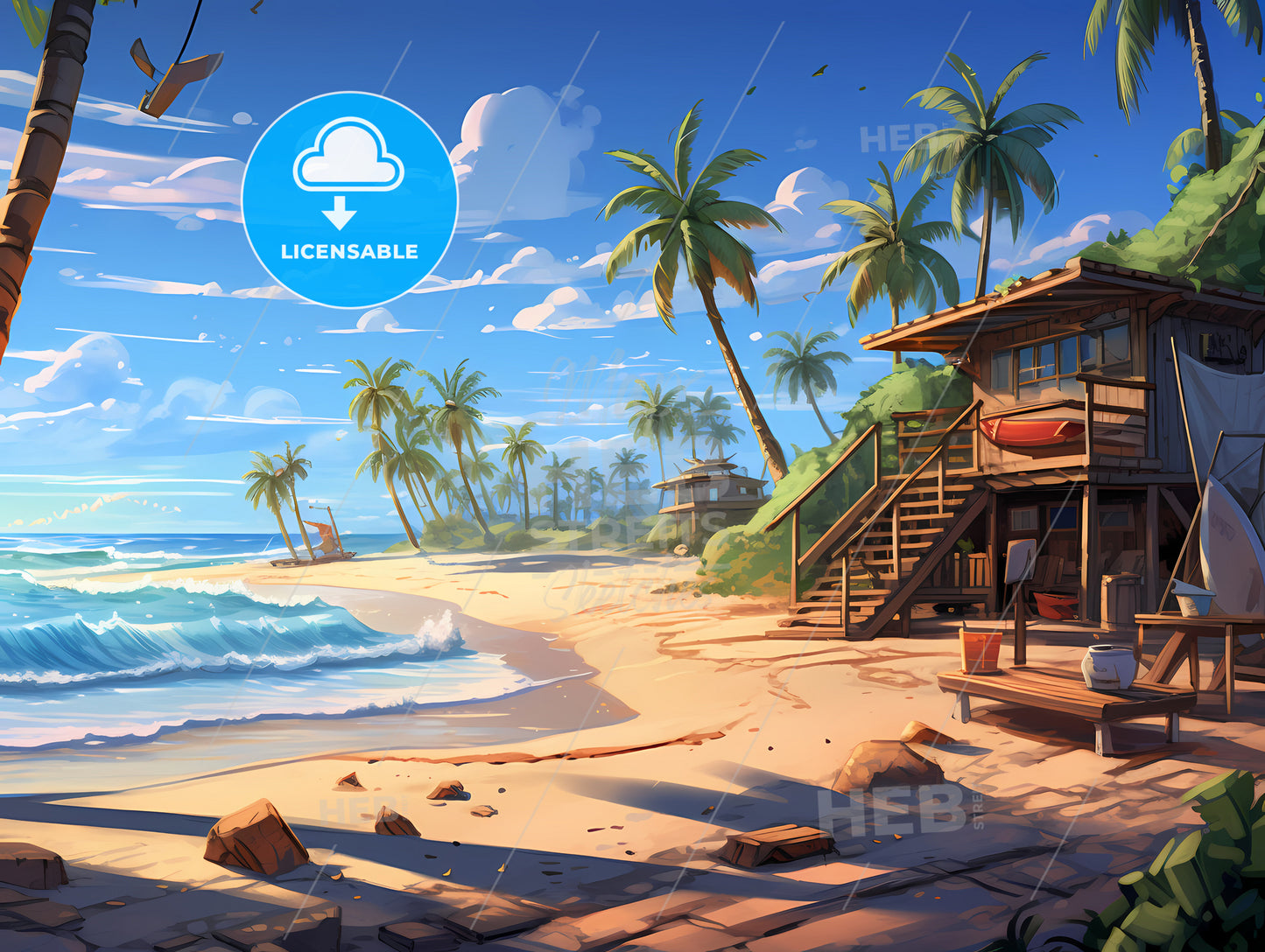 A Wide Sunny Beach, A Beach With A House And Palm Trees