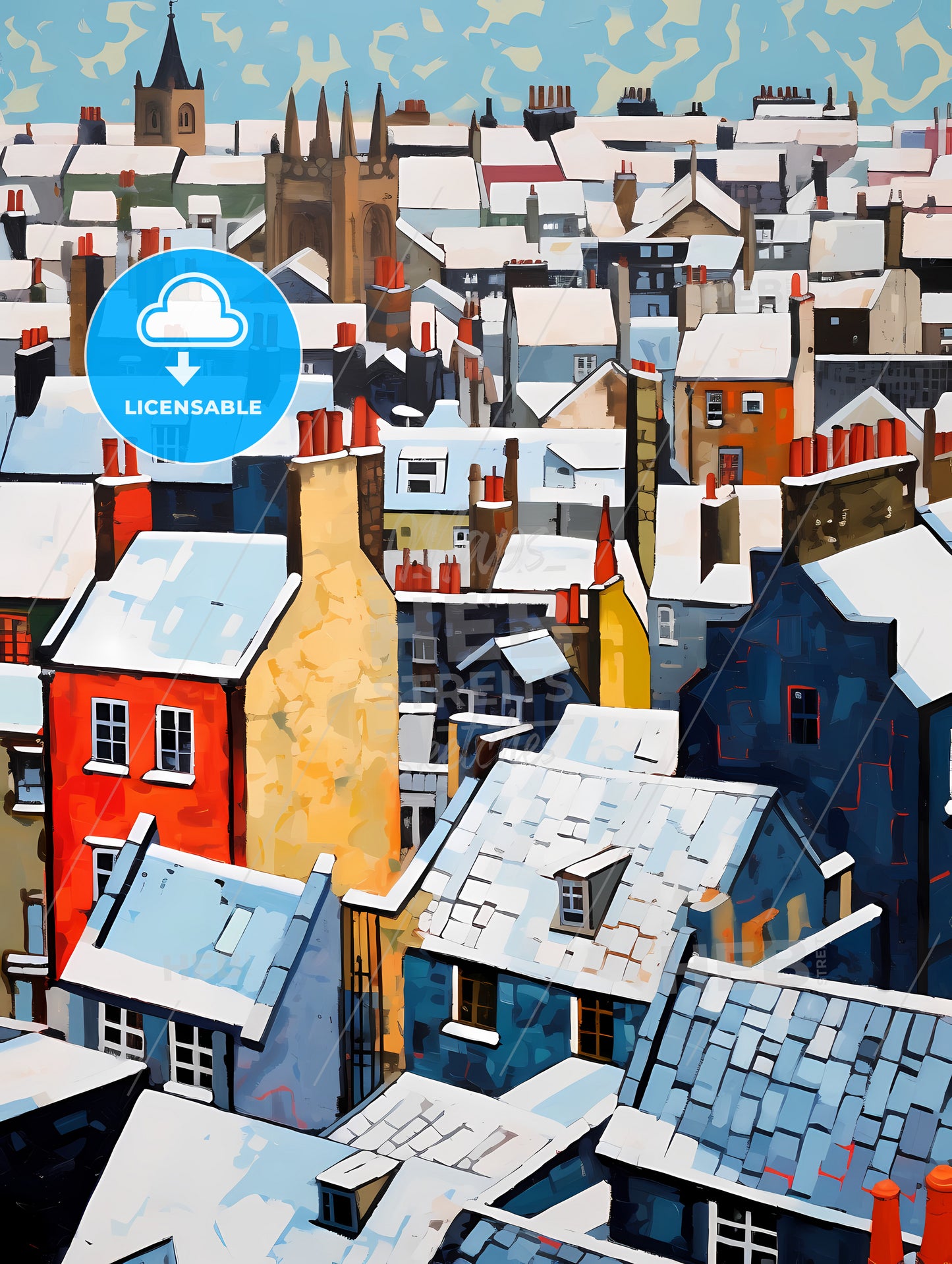 Snowy Urban Roofs Of London, A Group Of Buildings Covered In Snow