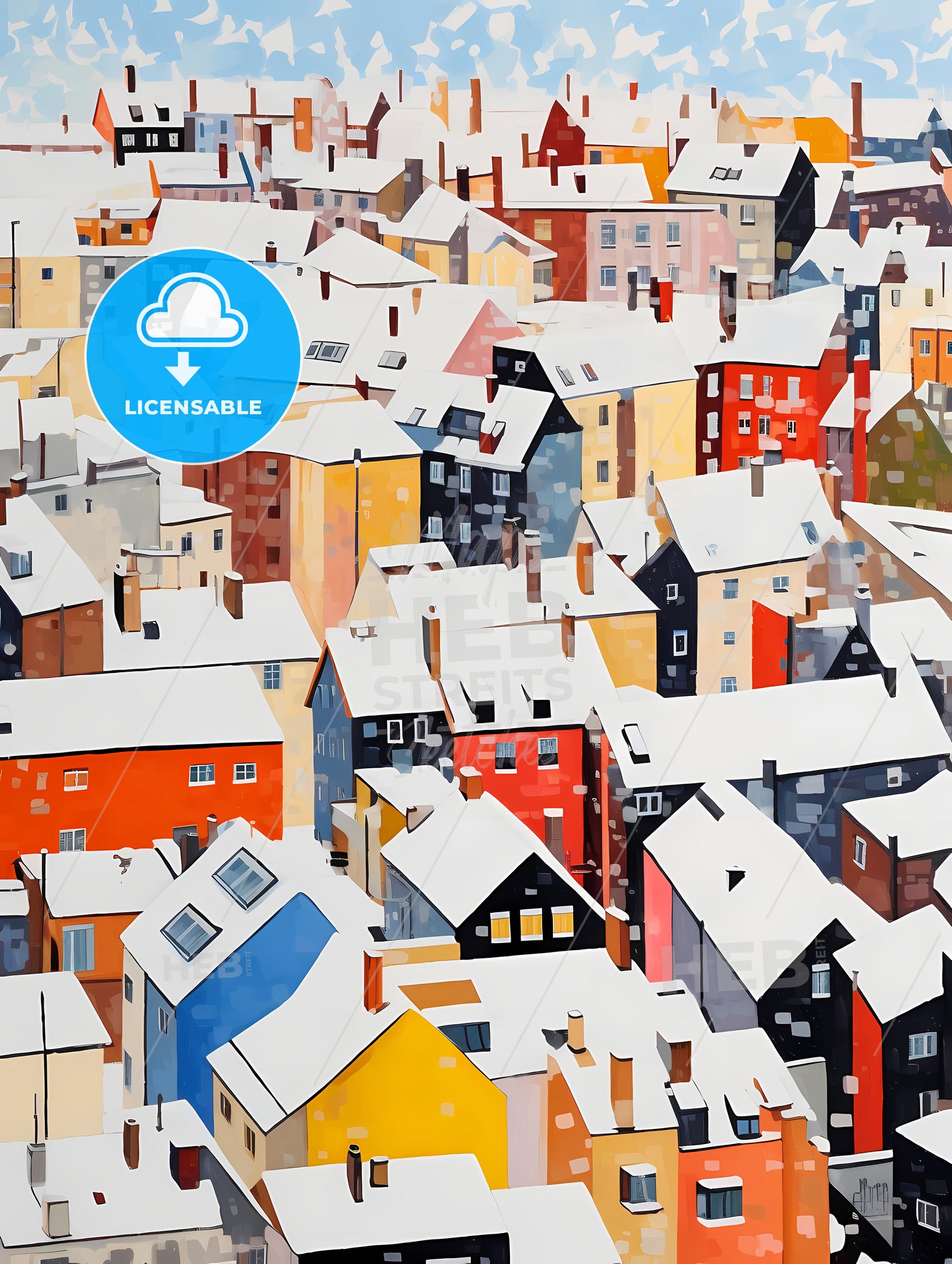 Snowy Urban Roofs Of Berlin, A Group Of Colorful Buildings Covered In Snow