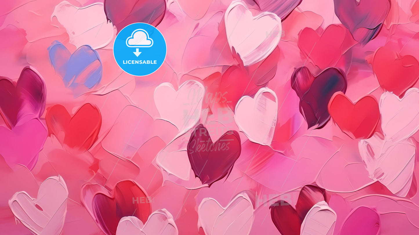 Abstract In Image Of Pink Red Hearts, A Group Of Hearts Painted On A Pink Surface
