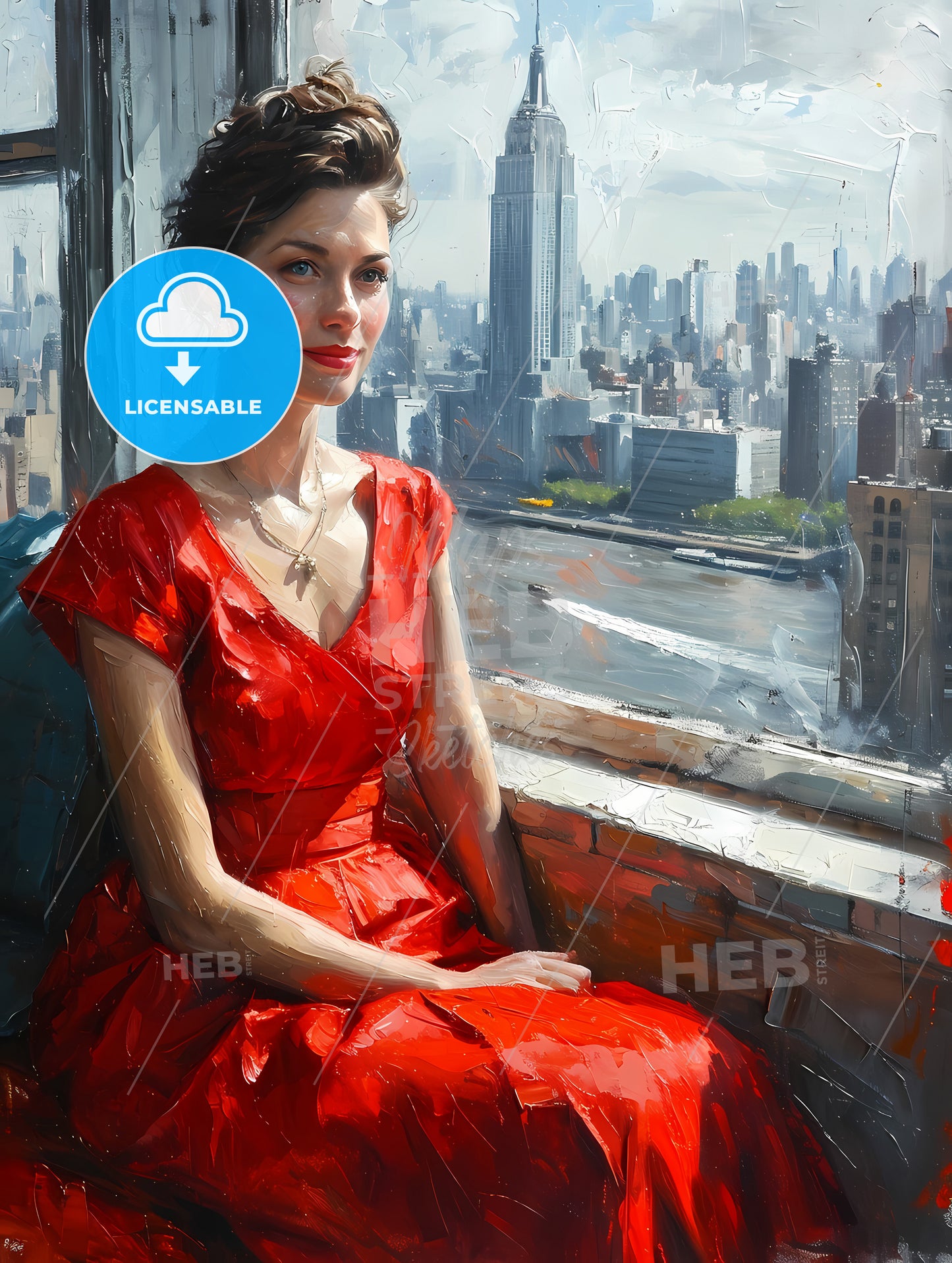 Painting Of Woman Sitting By The Window, A Woman In A Red Dress Sitting By A Window