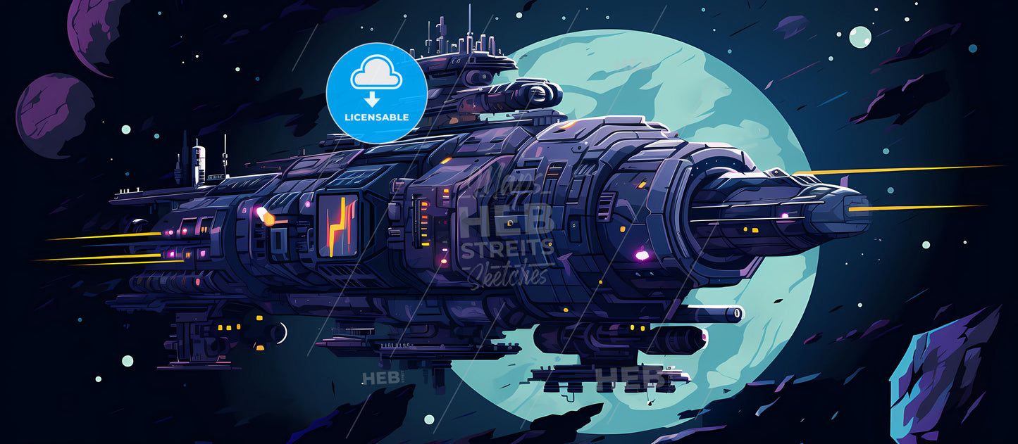 Sci-Fi Battlecruiser In Deep Space, A Space Ship In The Sky