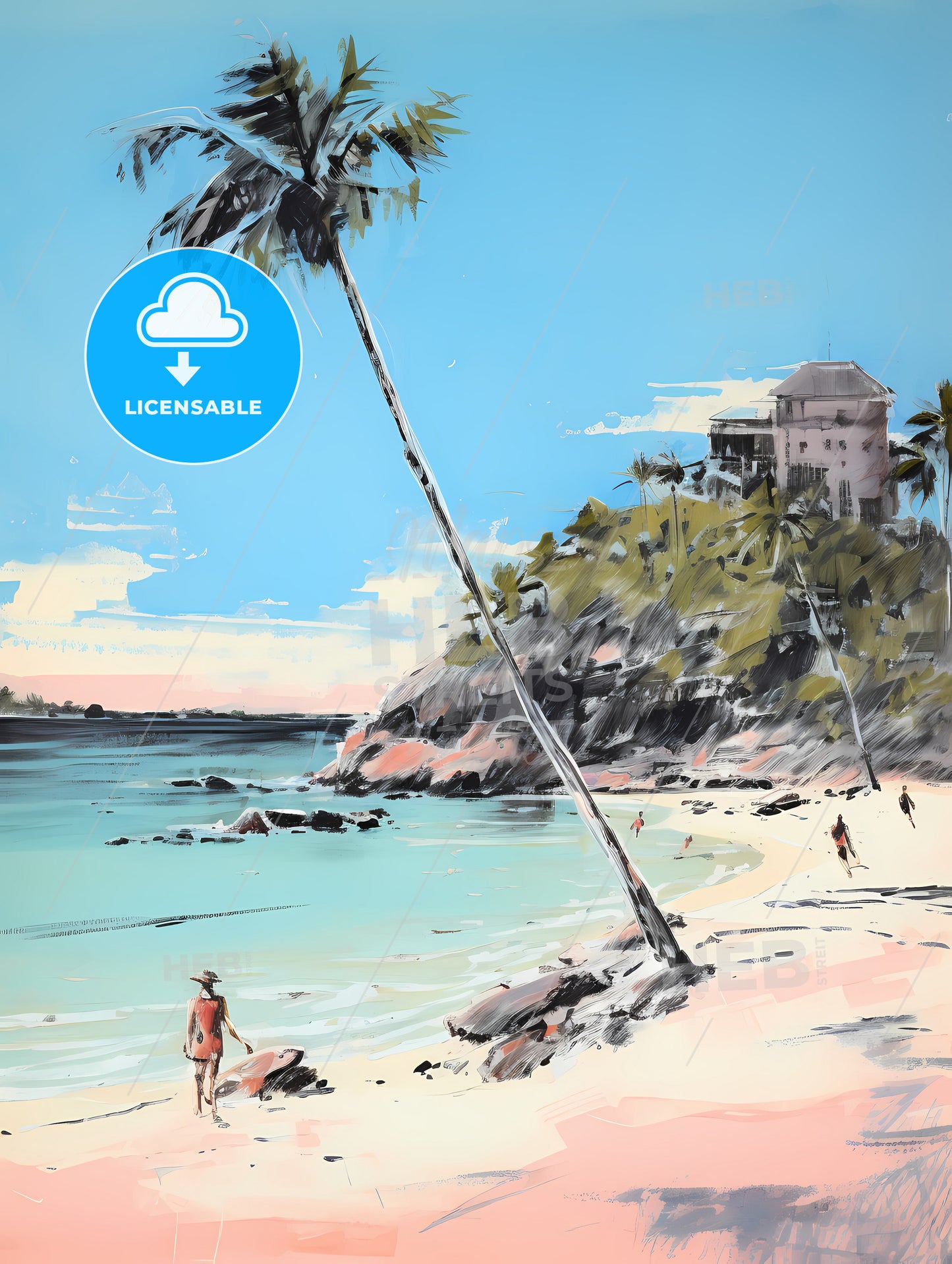 Sandy Tropical Beach, A Painting Of A Beach With A Palm Tree