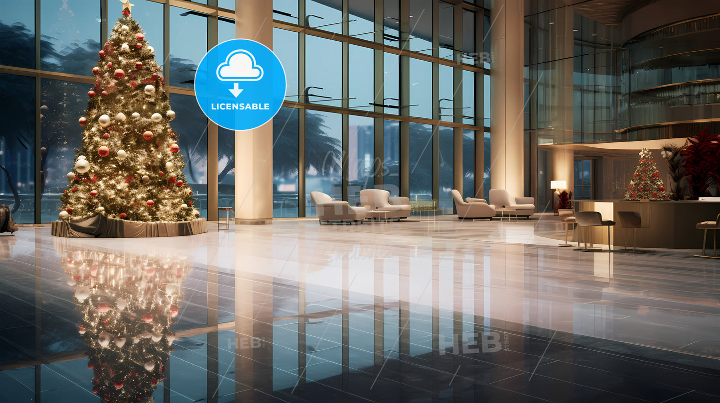 Christmas Atmosphere Spa Hotel Lobby, A Large Room With A Christmas Tree And Chairs