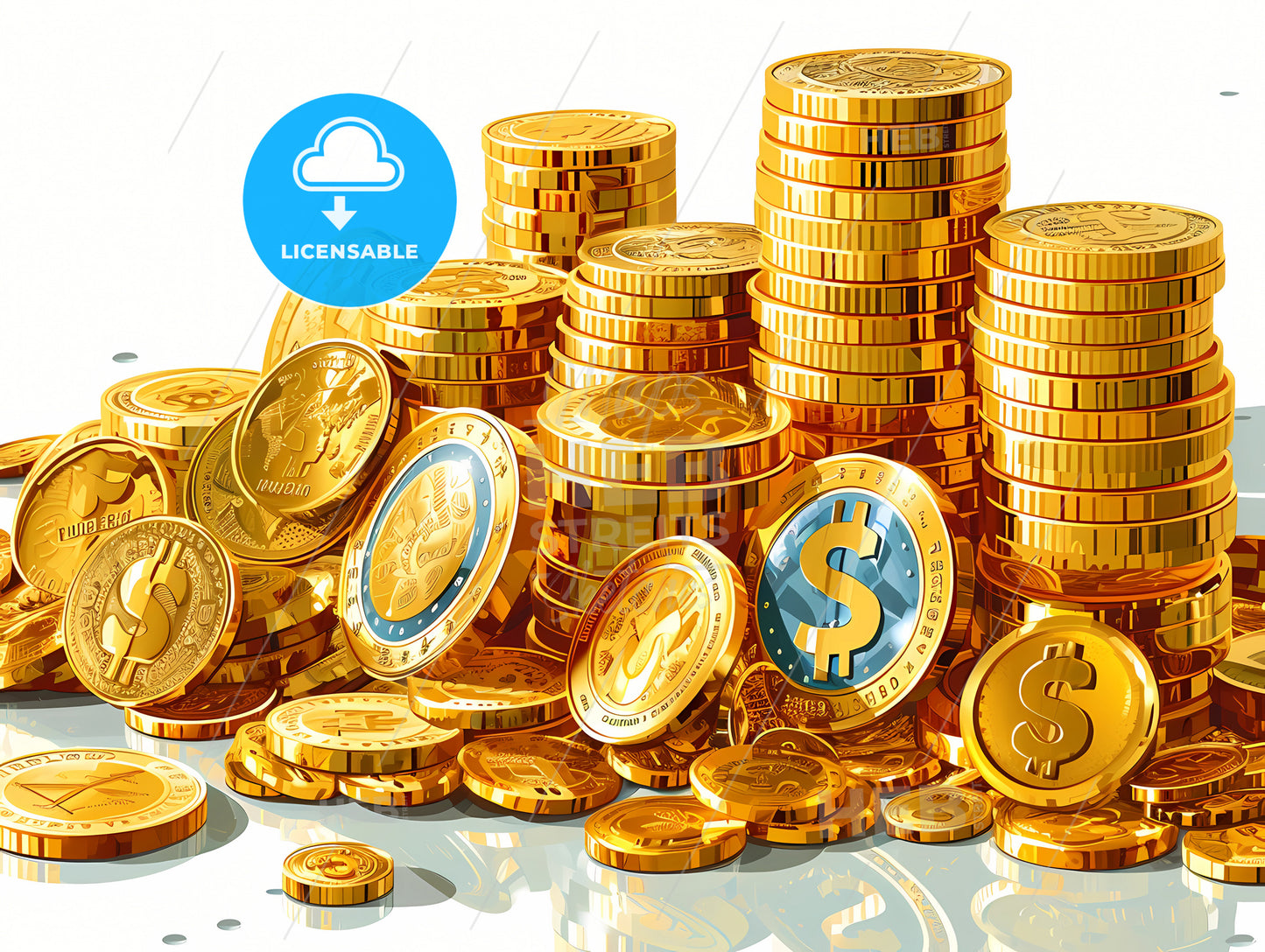 Mountain Of Coins On A White Background, A Pile Of Gold Coins