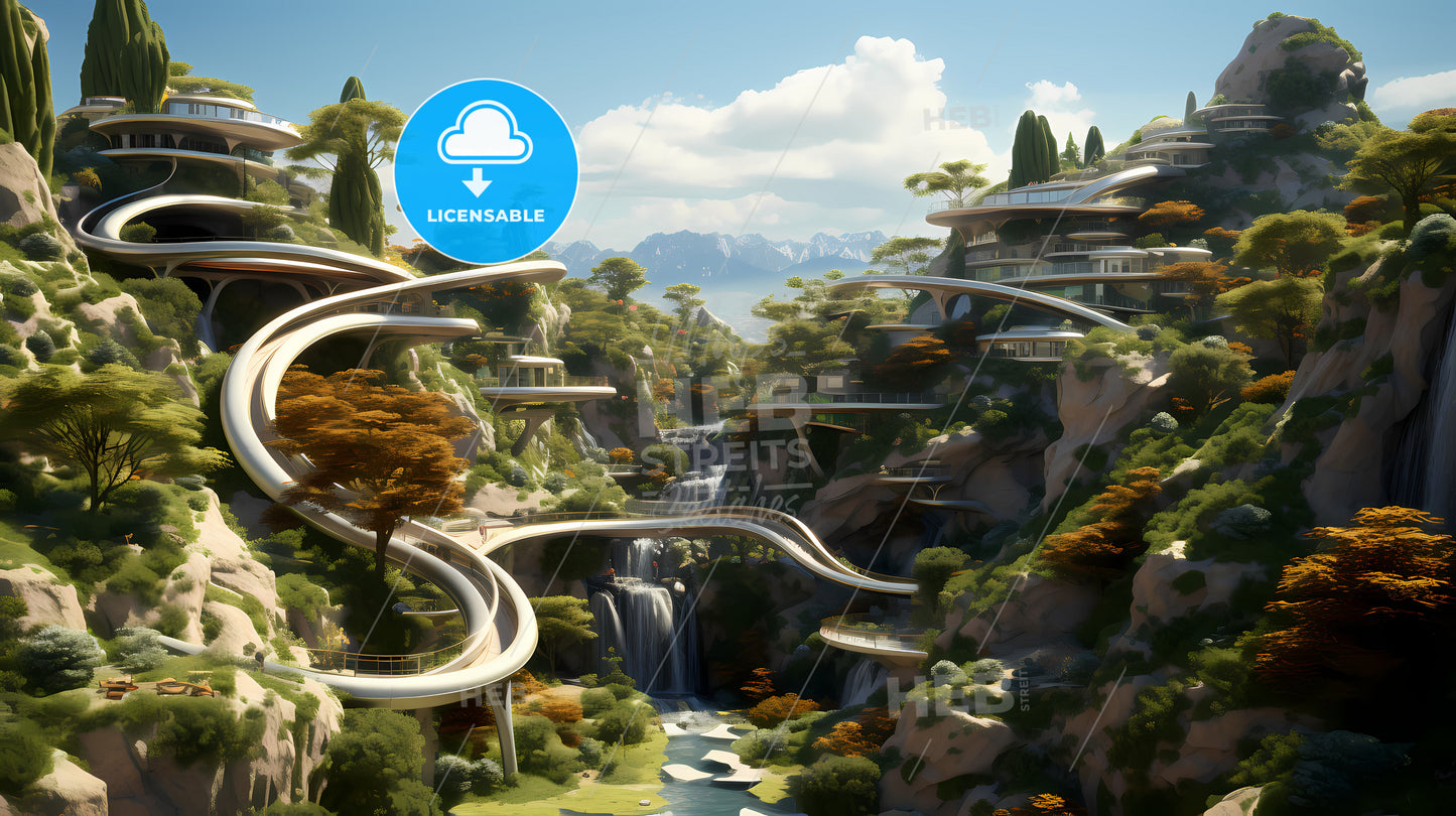 Hillside Slide Paradise, A Landscape With A Waterfall And Buildings