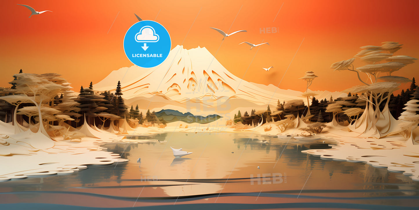 A Calm And Serene Beach, A Mountain With Trees And A Lake