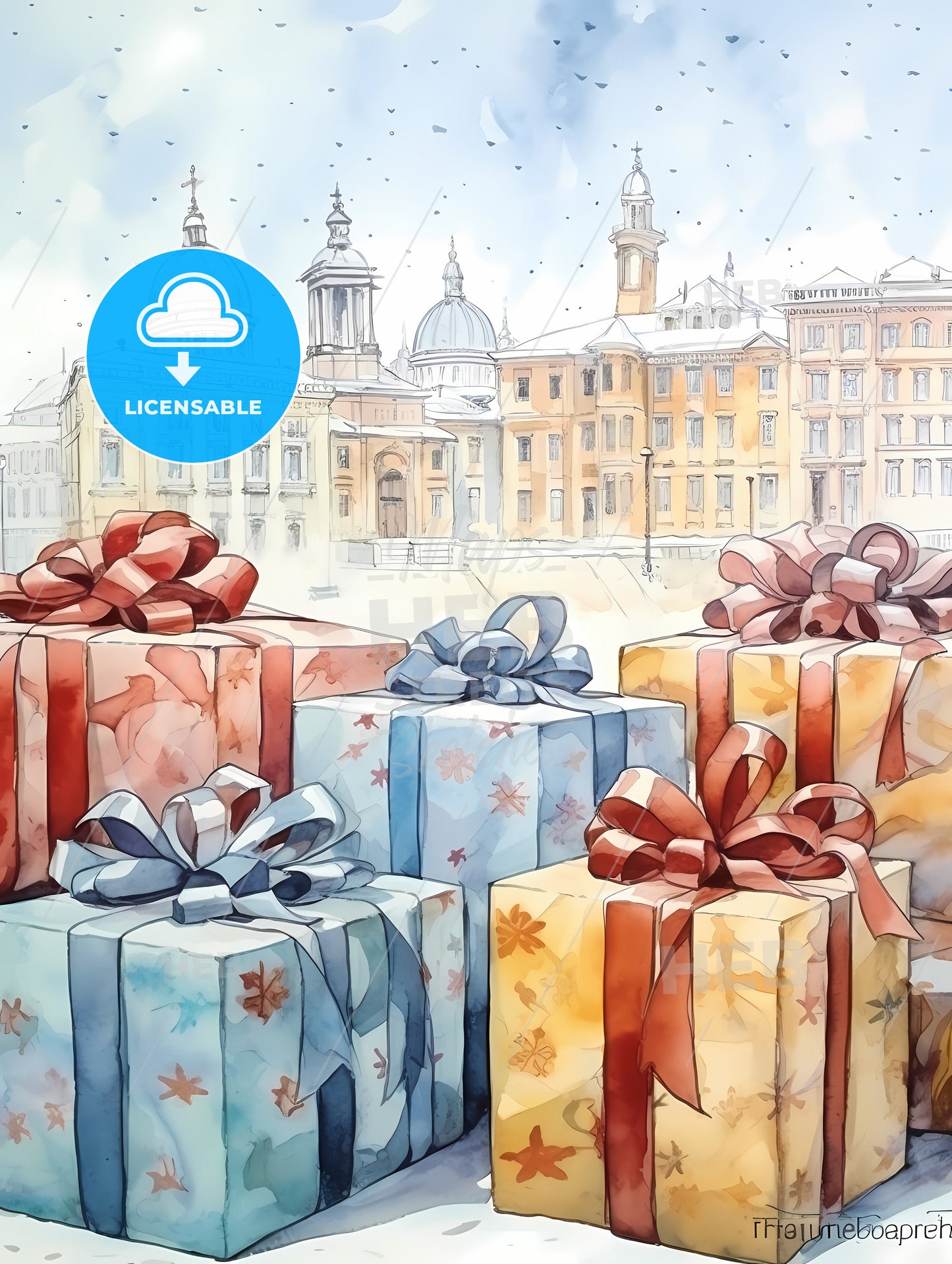 Christmas And Holiday Gifts On Snow, A Group Of Wrapped Presents With Bows