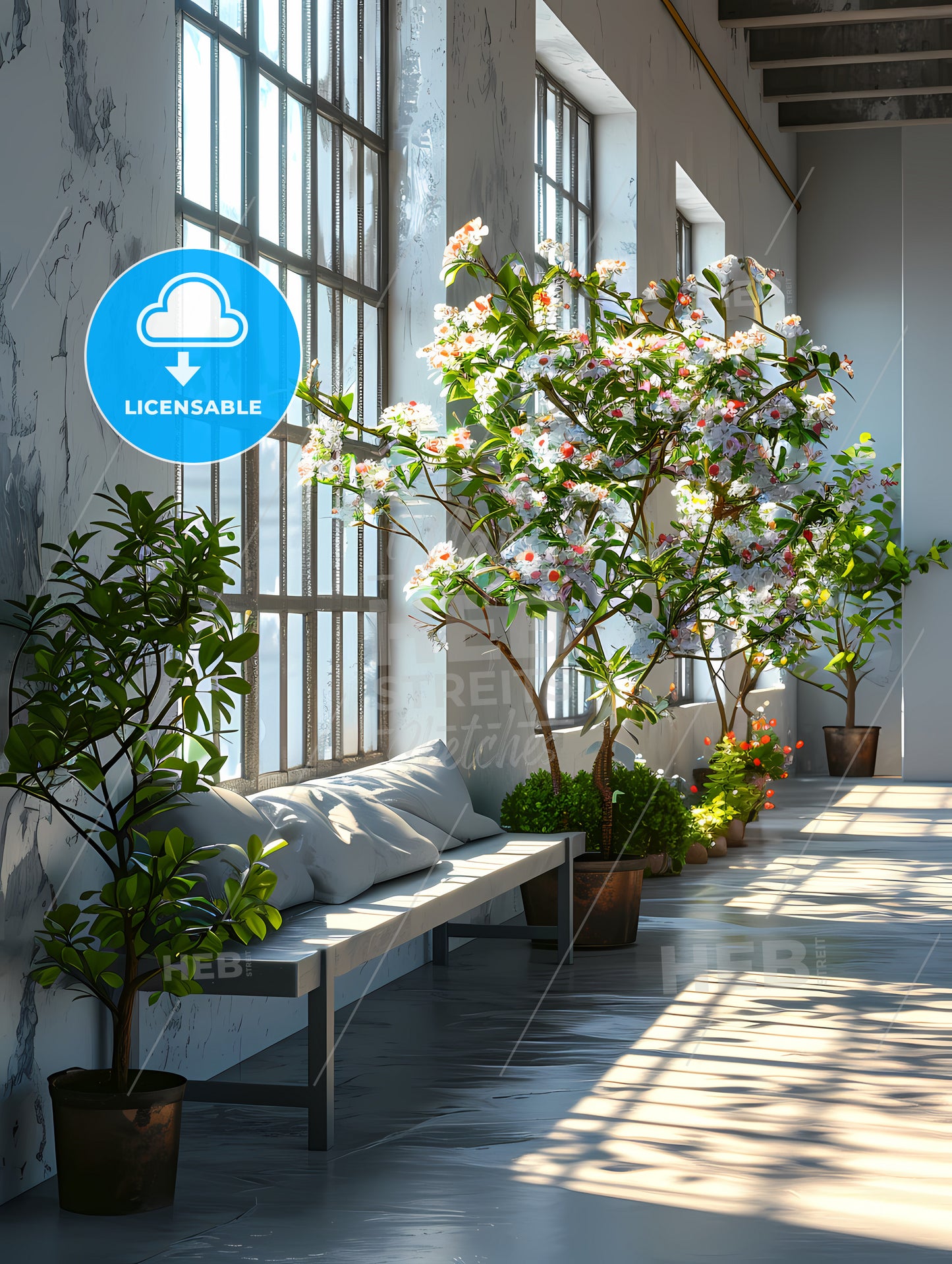 Modern And Simple Ins Style Product Photography Background, A Long Room With A Bench And Potted Trees