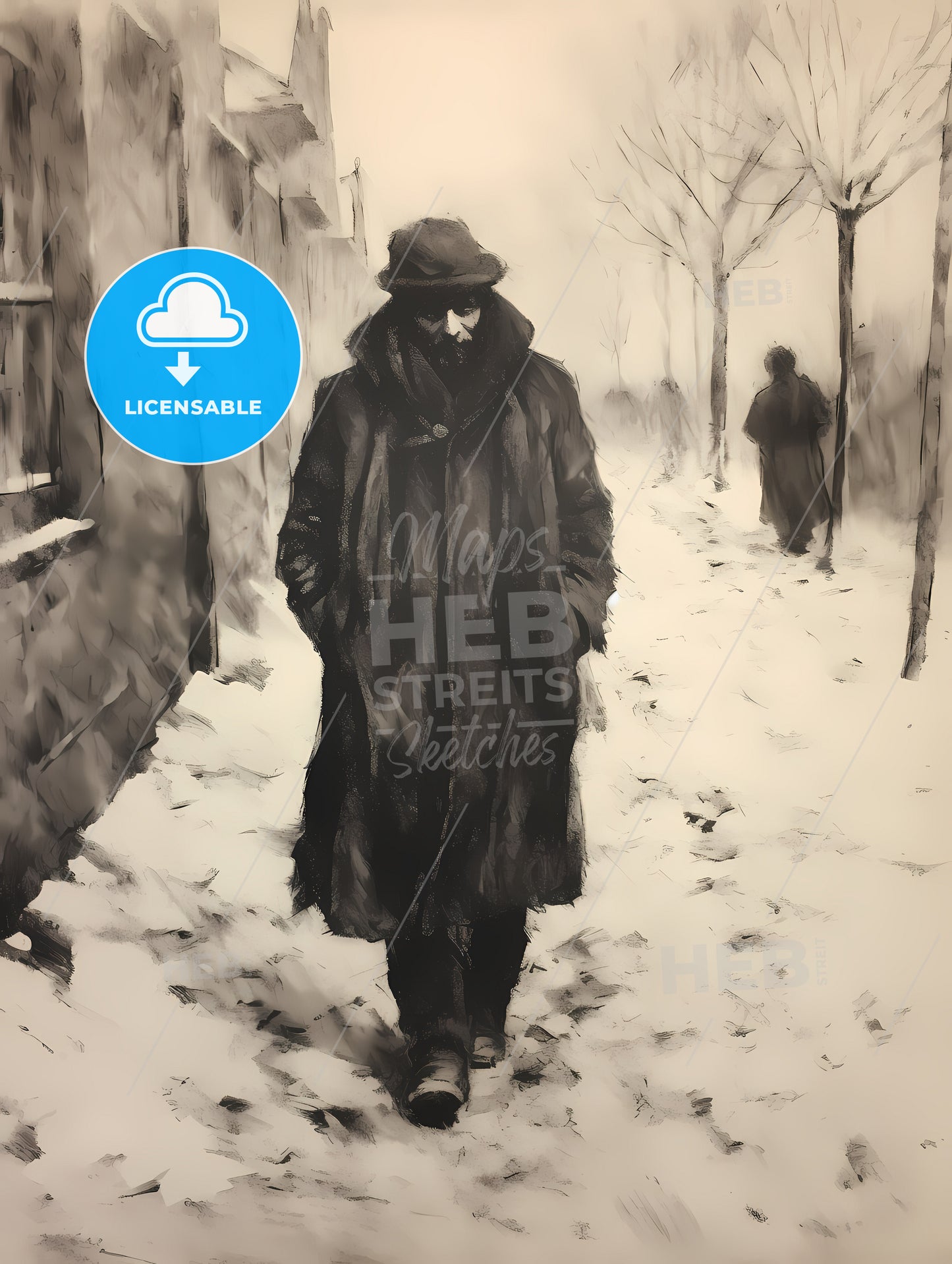 Charcoal Drawing Of A Boshevik, A Man Walking In The Snow