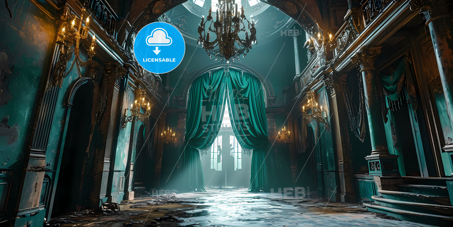 A Huge Green Curtain, A Room With Green Curtains And Chandeliers