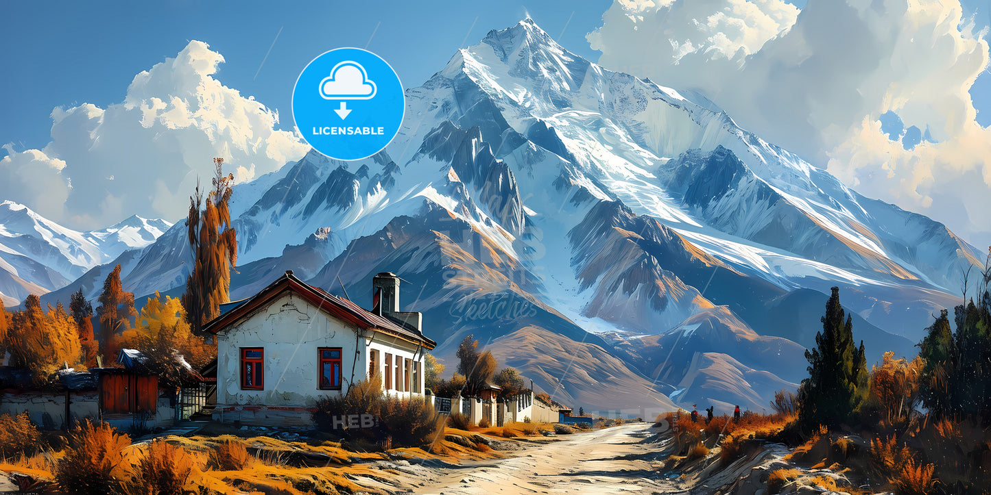 Mountain Tibet Roerich, A House Next To A Road With A Snowy Mountain In The Background