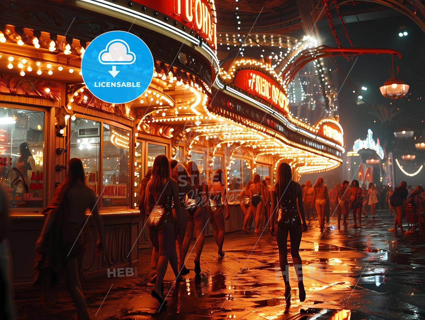 A Vegas Show Of Female Dancers, A Group Of Women Walking In Front Of A Marquee