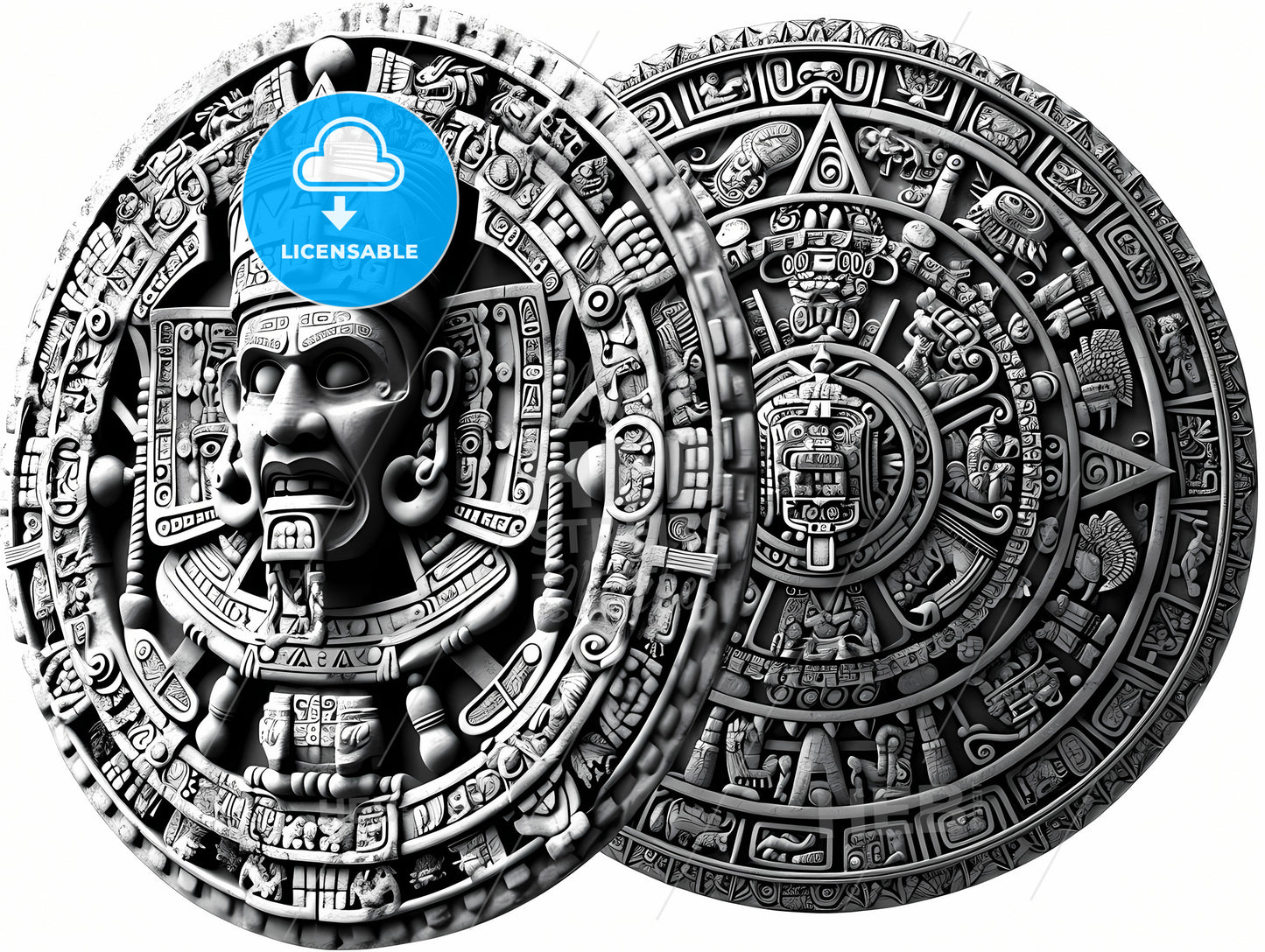 An Illustrated Piece Of Mayan Artwork, A Close Up Of A Stone Medallion