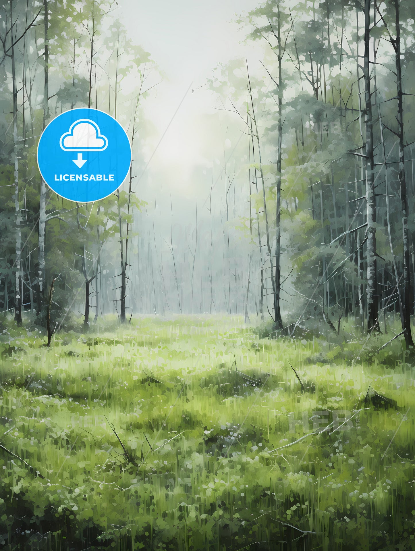 A Painting With Green Grass, A Grass Field With Trees And A Foggy Sky