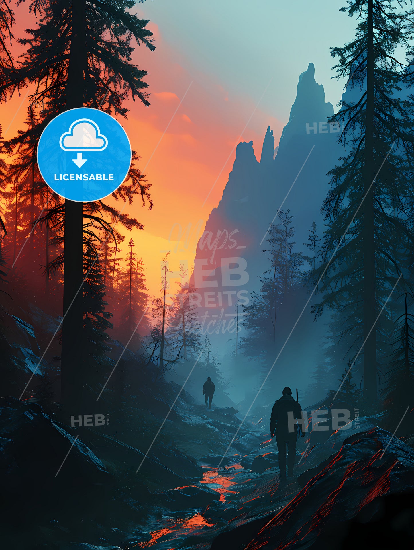 Vector Poster Traveling, A Group Of People Walking In A Forest