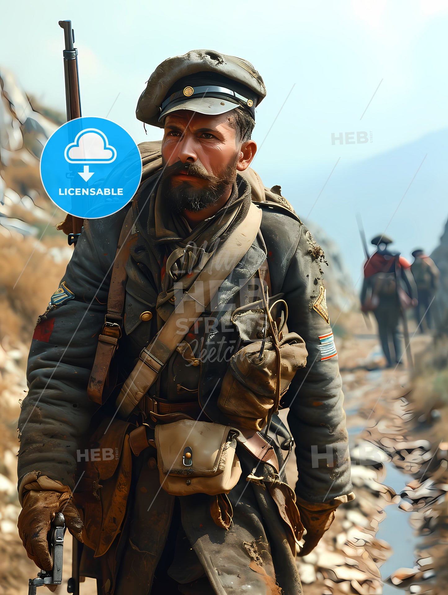 Soldier Carrying Rifle, A Man In Military Uniform Walking On A Rocky Path