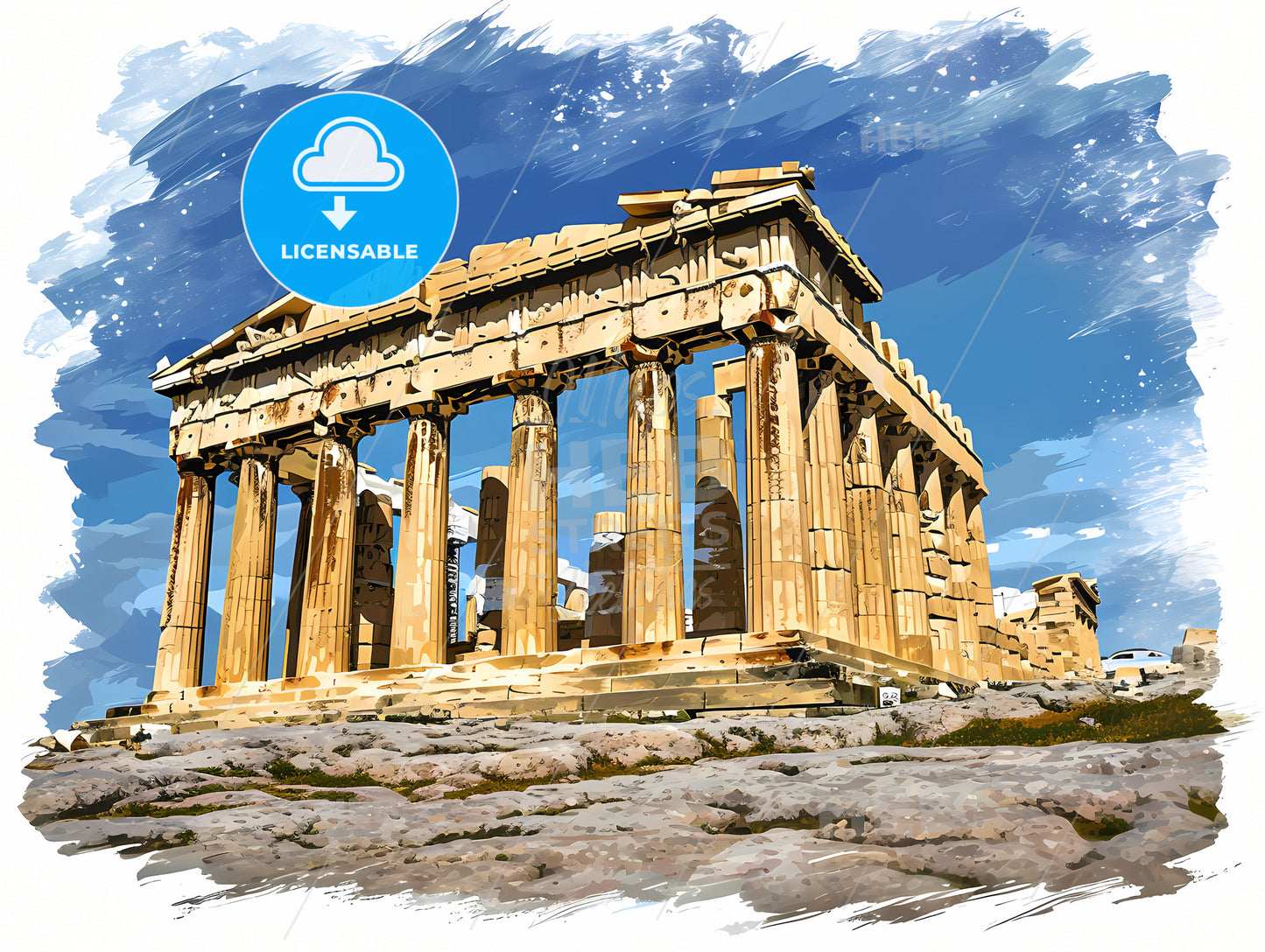 Athens Skyline, A Stone Structure With Pillars With Parthenon In The Background