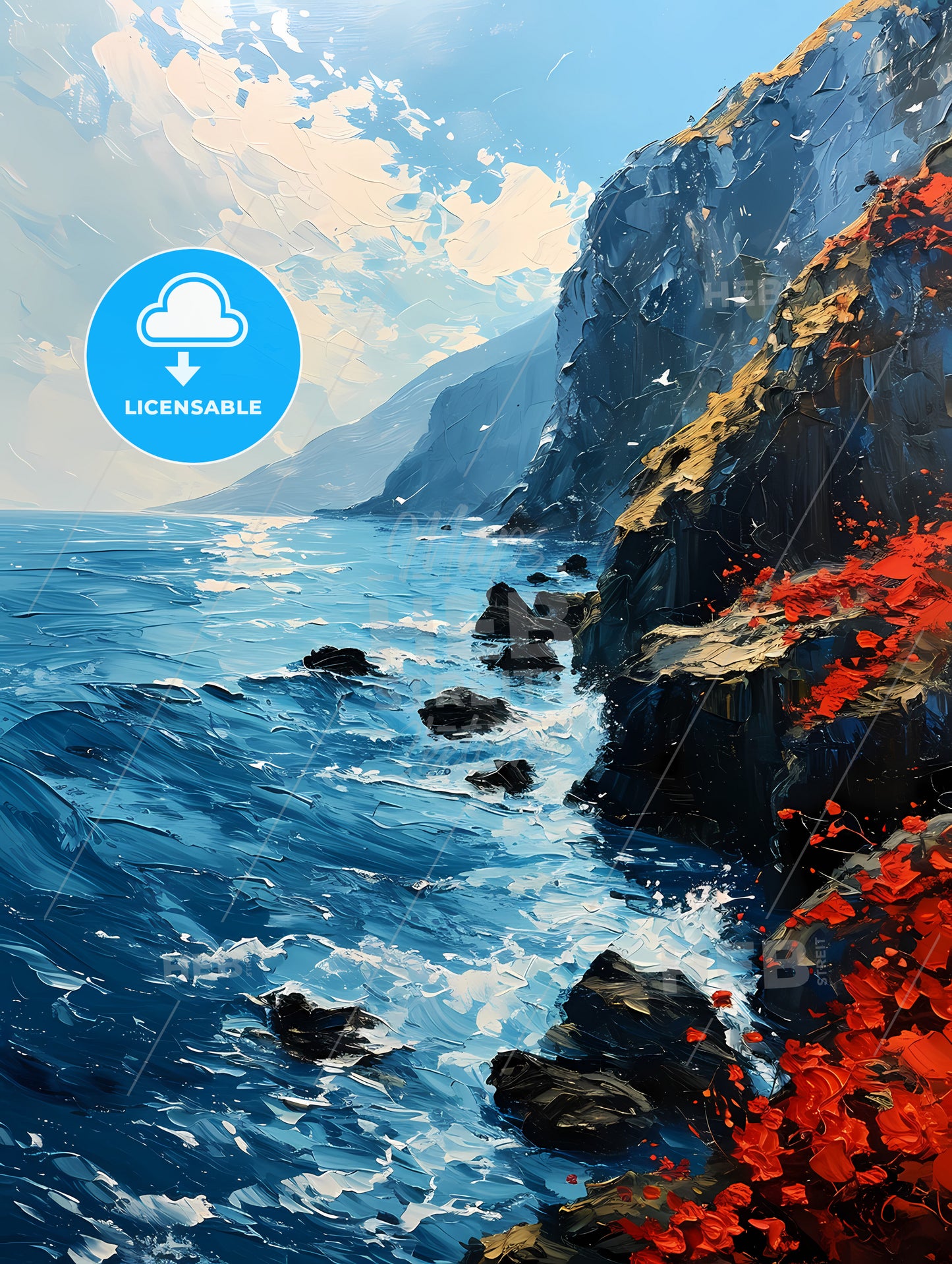 Flowers, A Painting Of A Rocky Cliff Side By The Ocean