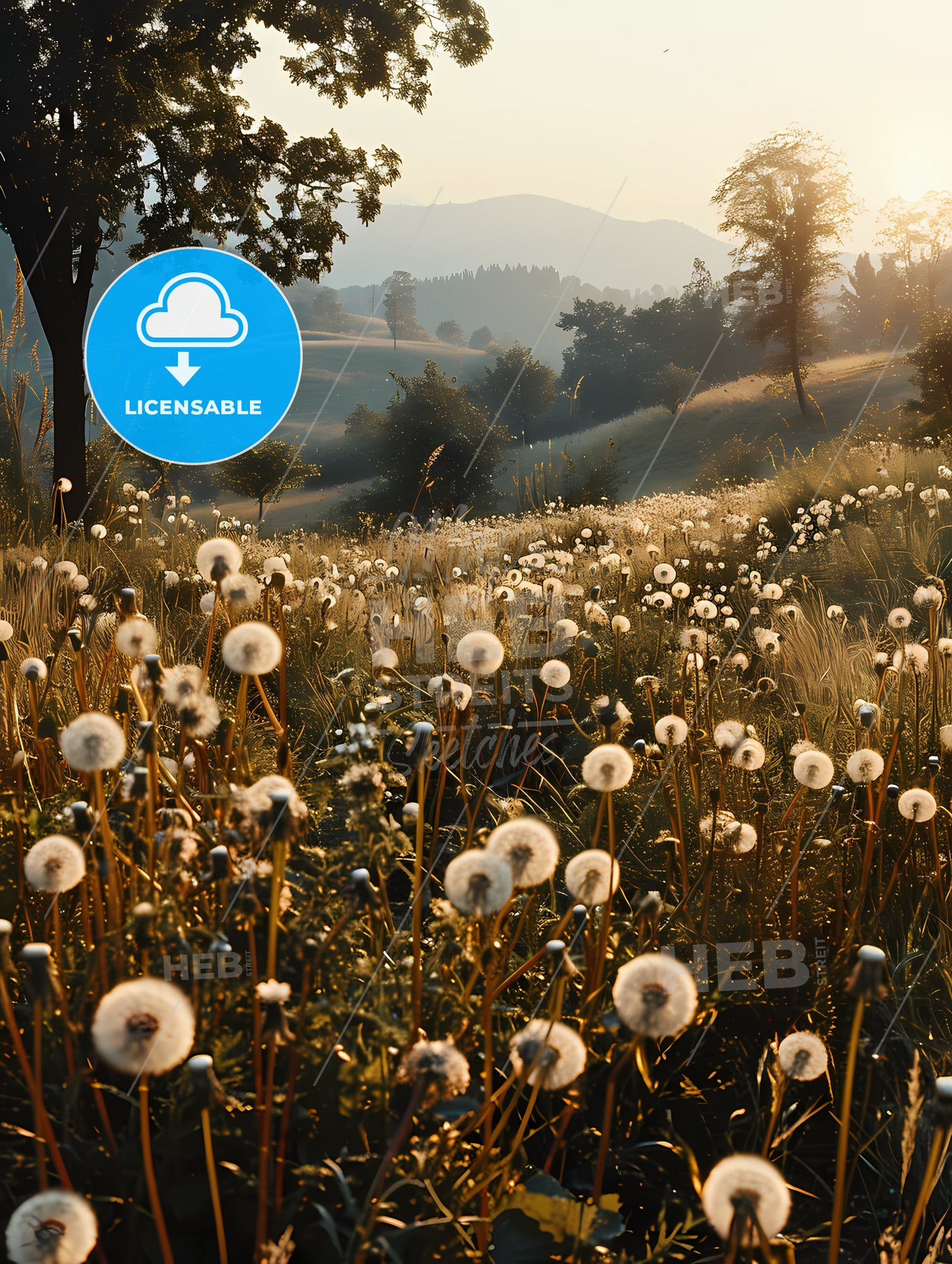 A Sea Of Dandelions Styled As Acrylic Art, A Field Of Dandelions With Trees And Hills In The Background