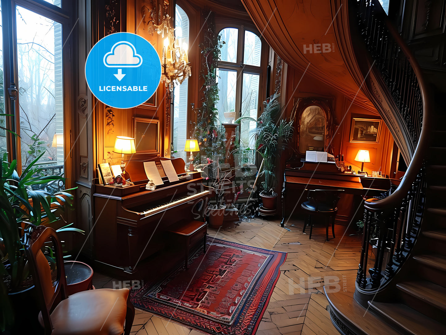 Appartement Moderne, A Room With A Piano And A Chandelier