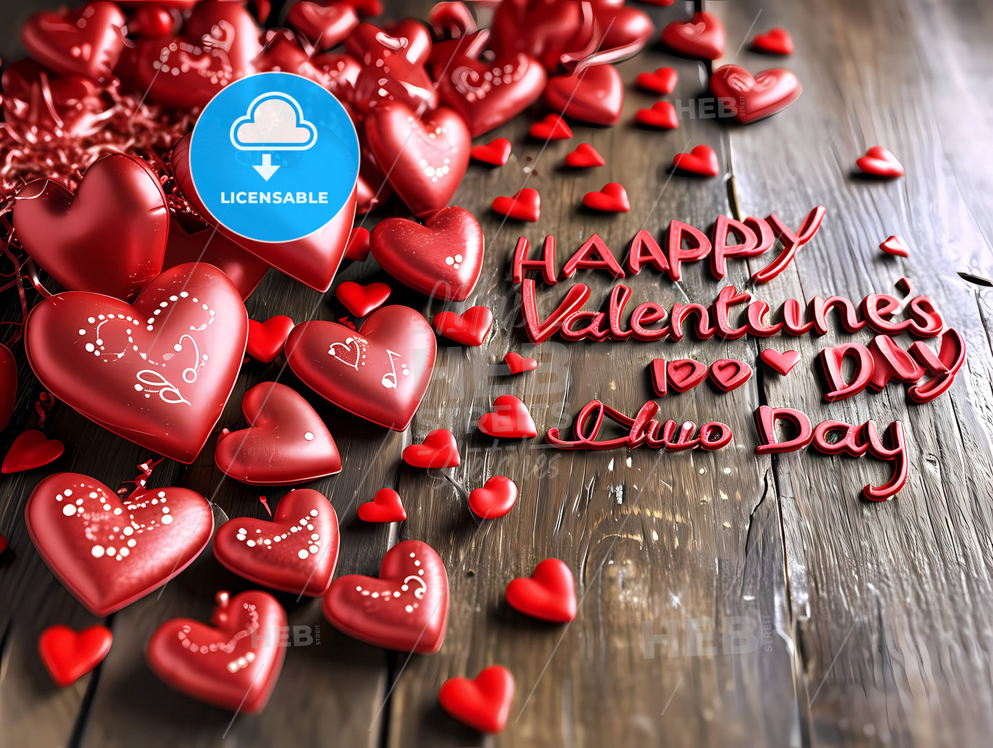 Happy Valentine Day Text And Hearts, A Pile Of Red Hearts On A Wood Surface