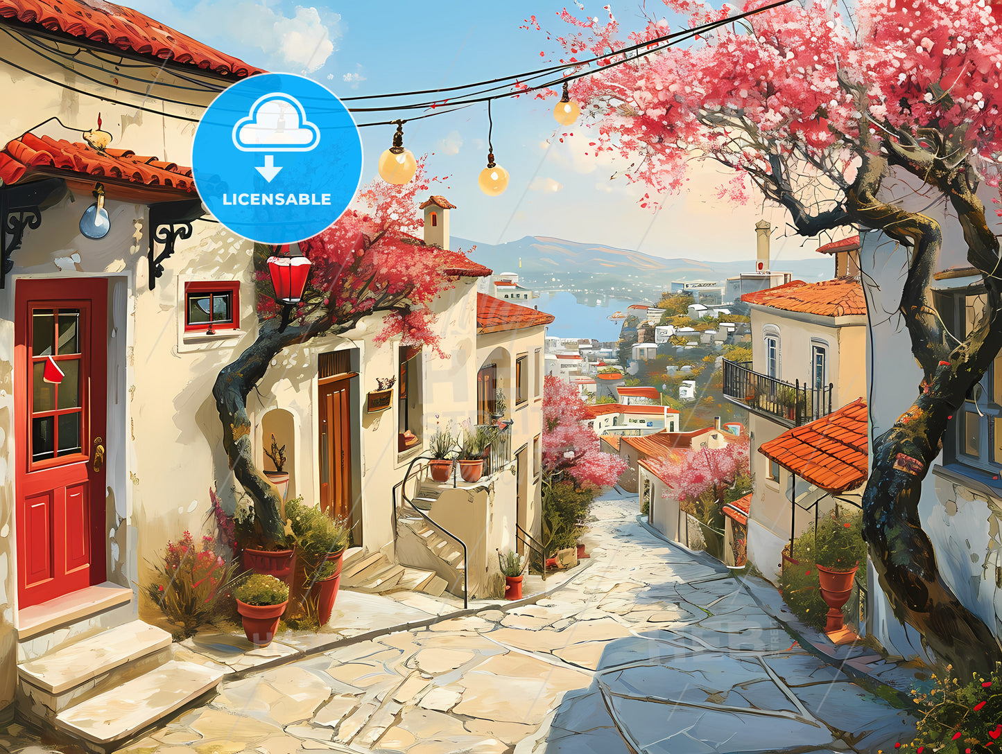 Athens Skyline, A Street With Houses And Trees