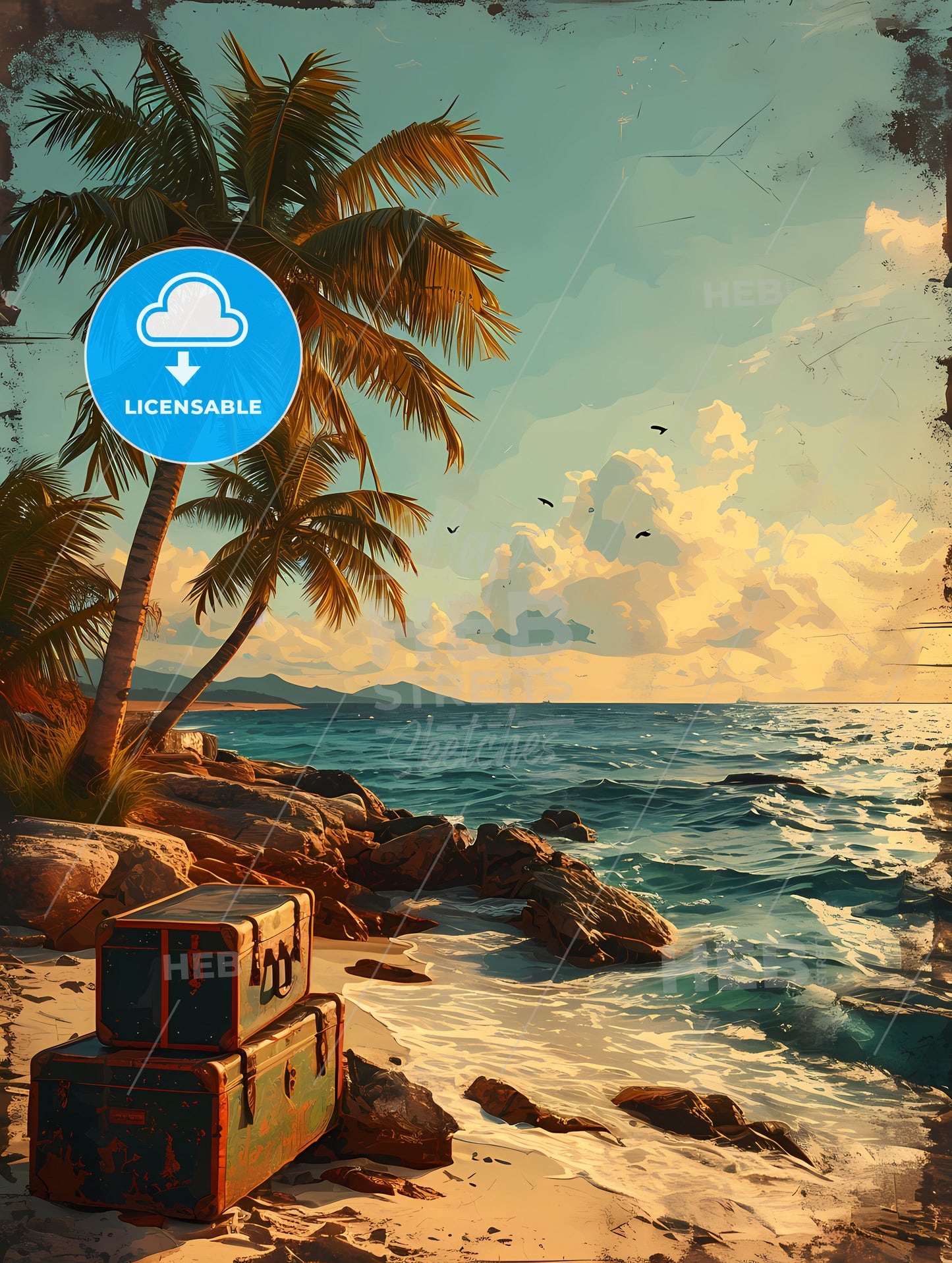 Vector Poster Traveling, A Suitcases On A Beach