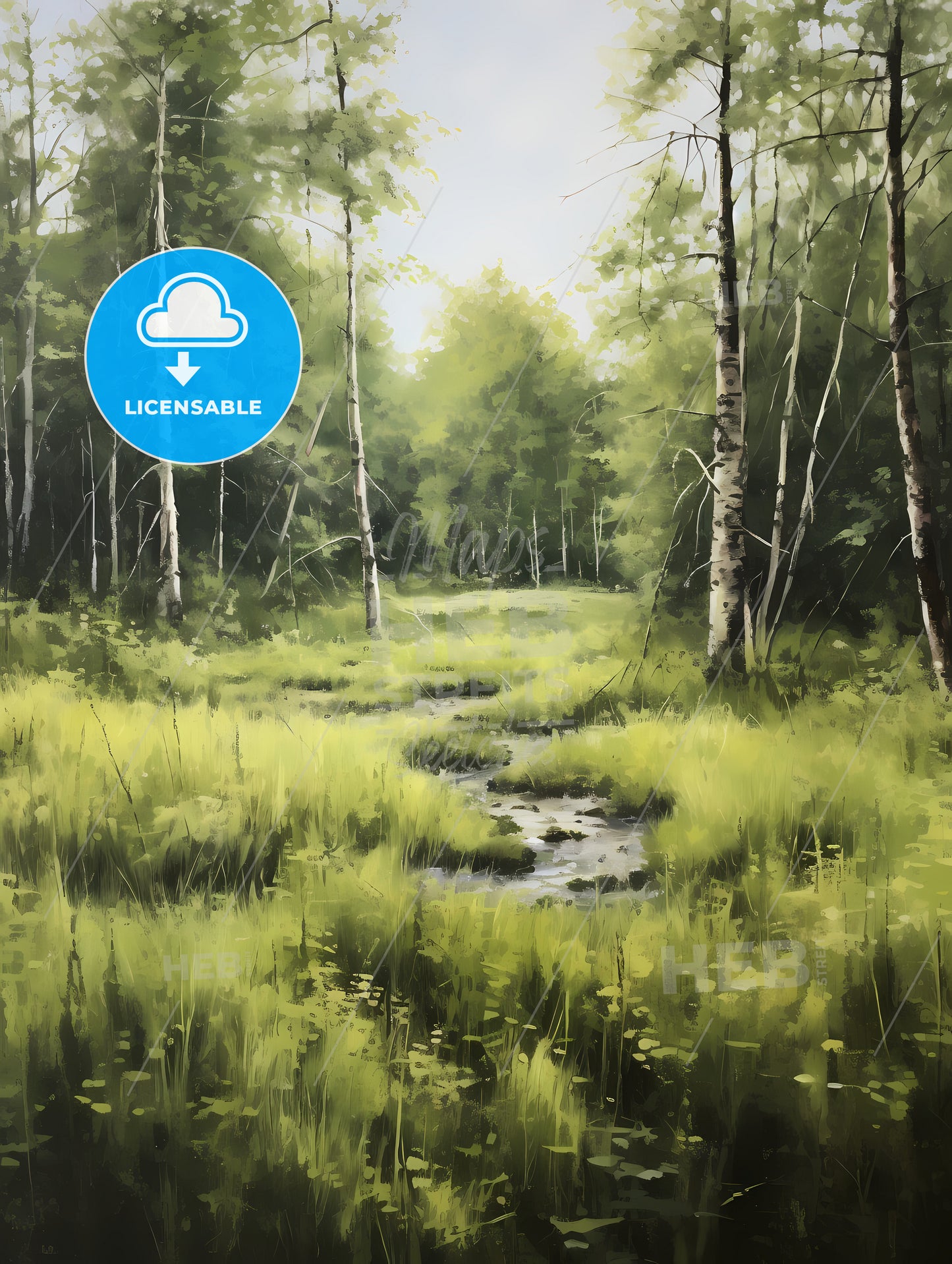 A Painting With Green Grass, A Stream In A Forest