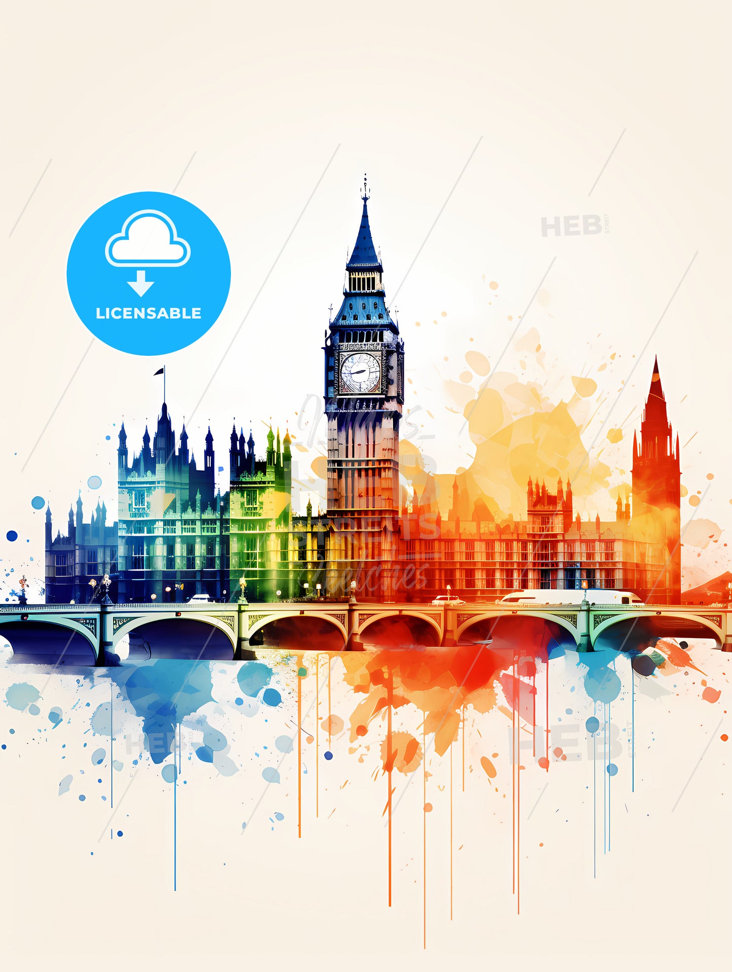 Minimalist London Skyline, A Colorful Painting Of A Building With A Clock Tower