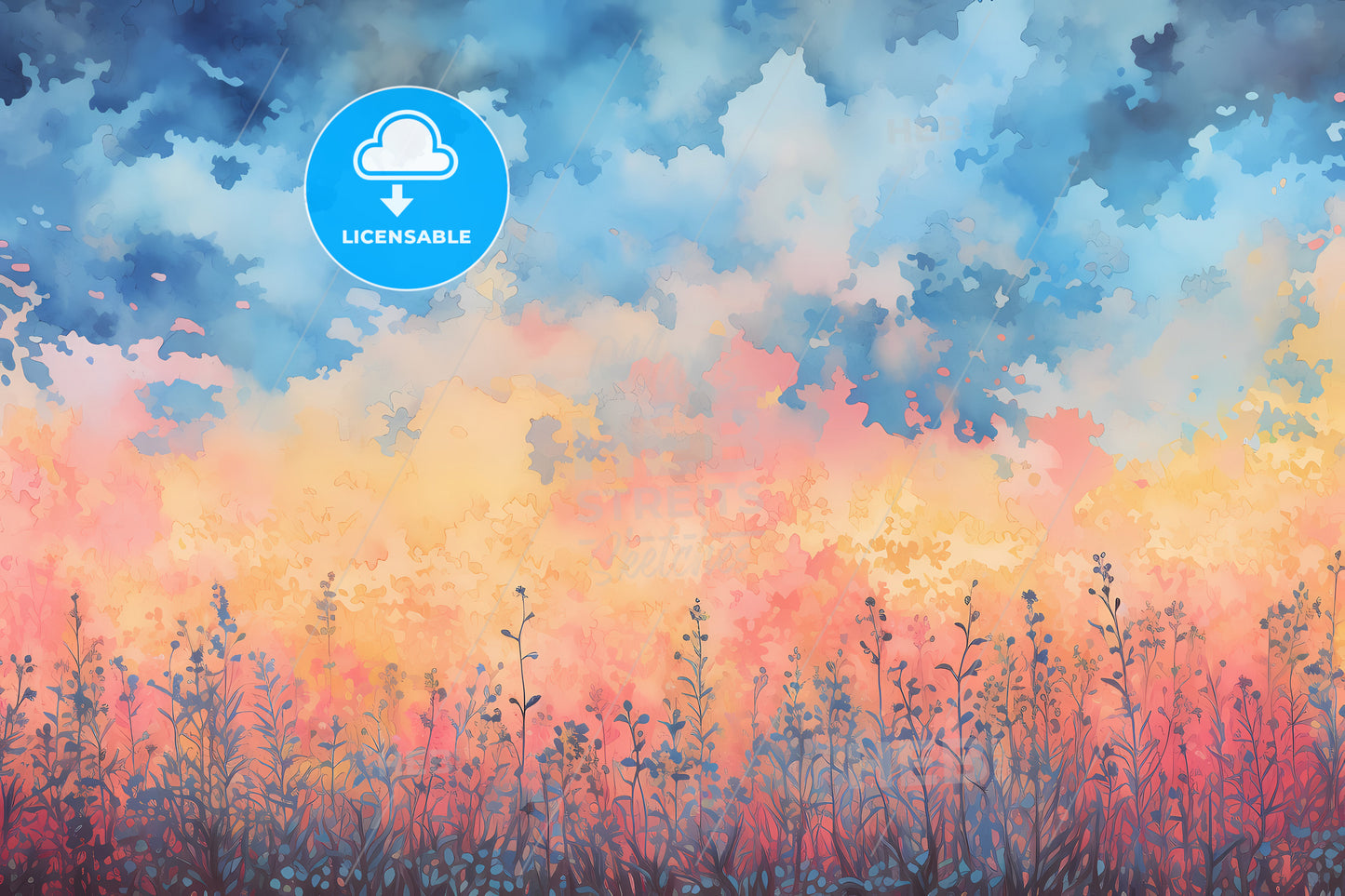 A Light Yellow Pink And Blue Background, A Painting Of A Field Of Flowers