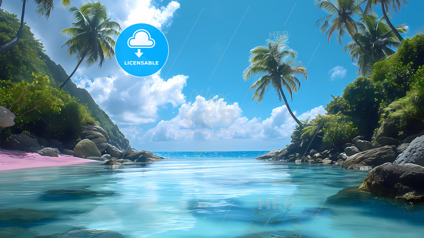 Blue Sky ,White Cloudy , Blue Sea, A Body Of Water With Palm Trees And Rocks