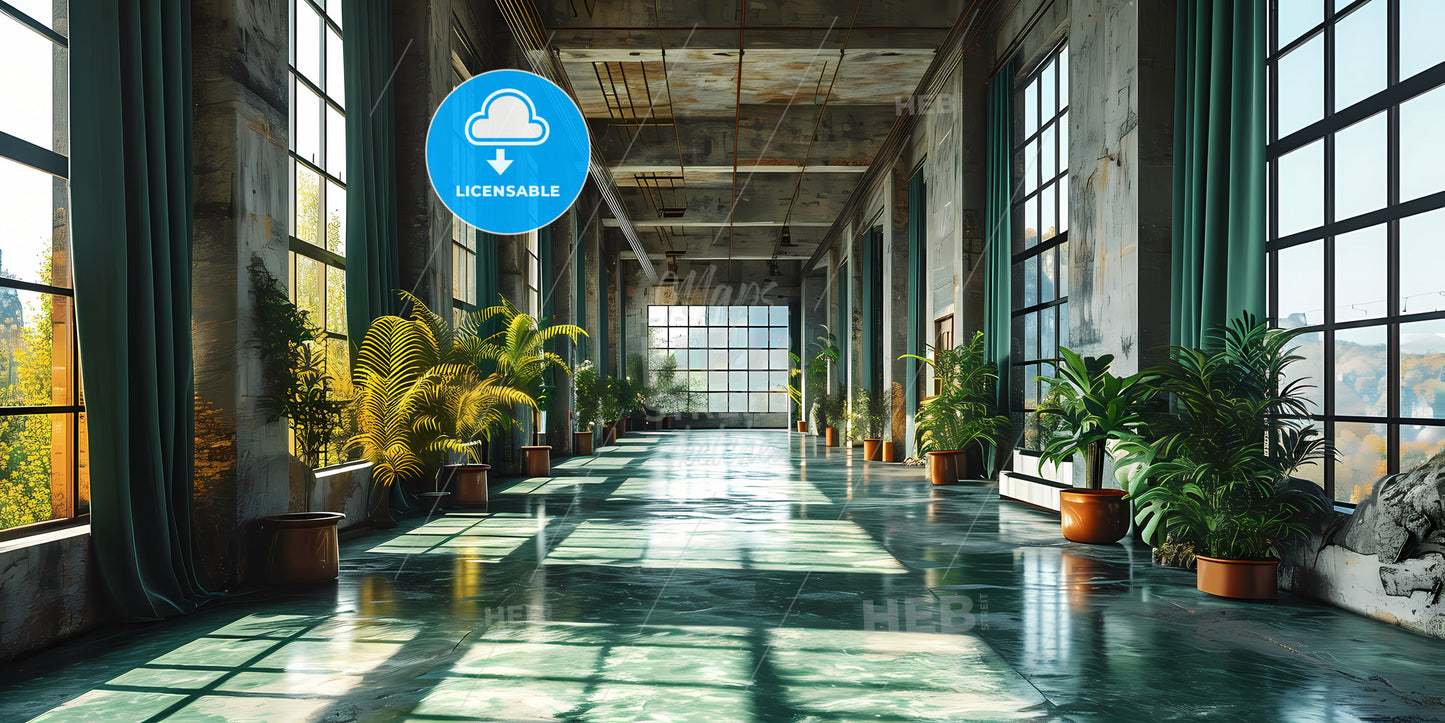 A Huge Green Curtain, A Large Room With Plants In Pots