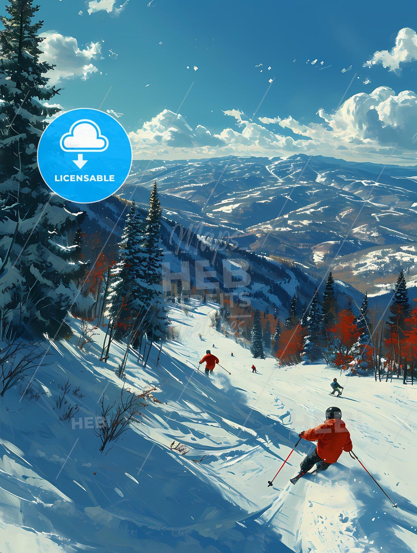 Two People Are Skiers In The Snow, A Group Of People Skiing Down A Snowy Mountain