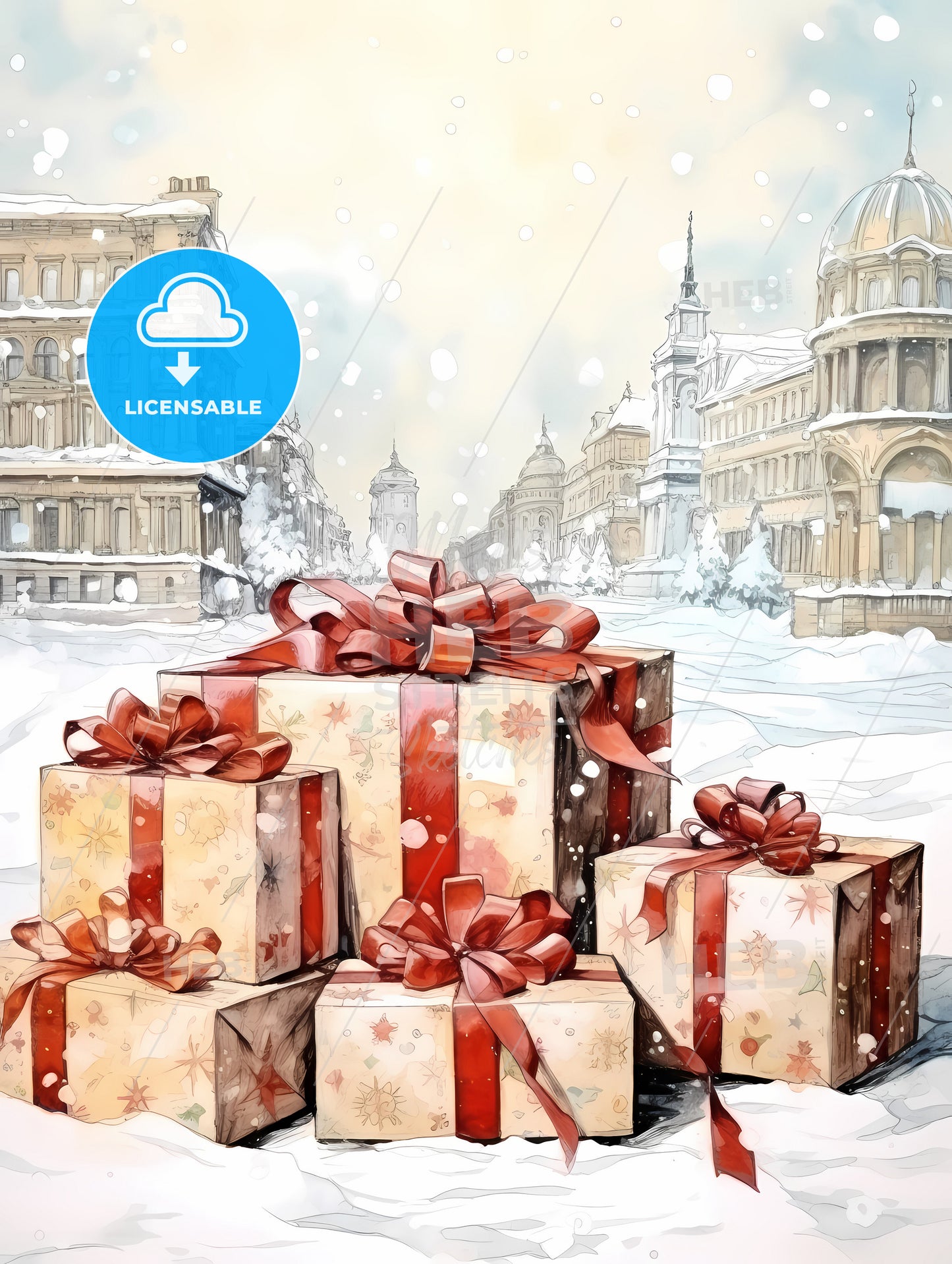 Christmas And Holiday Gifts On Snow, A Group Of Wrapped Presents In Snow