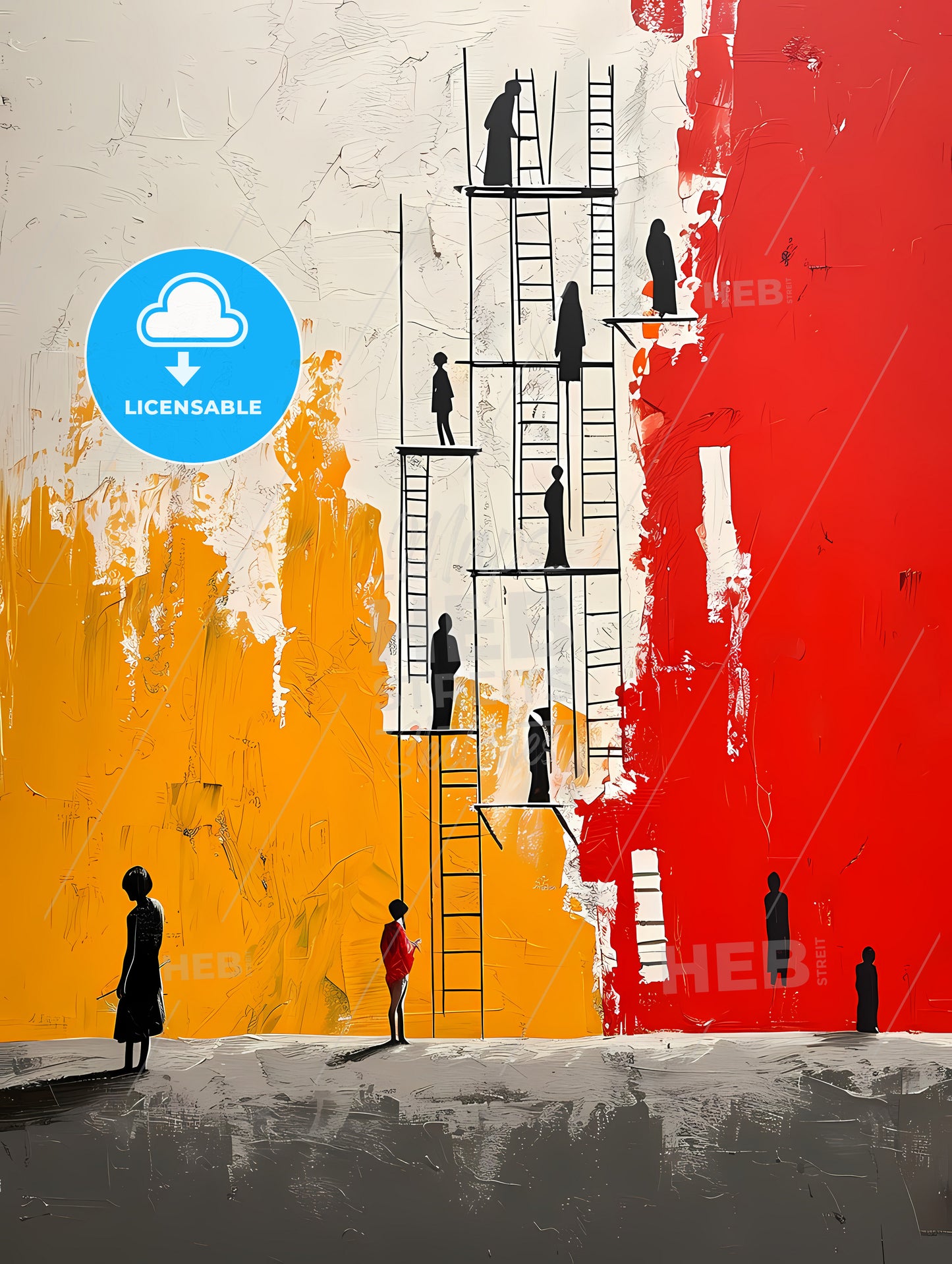 Modern Painting People Standing, A Painting Of People On Ladders