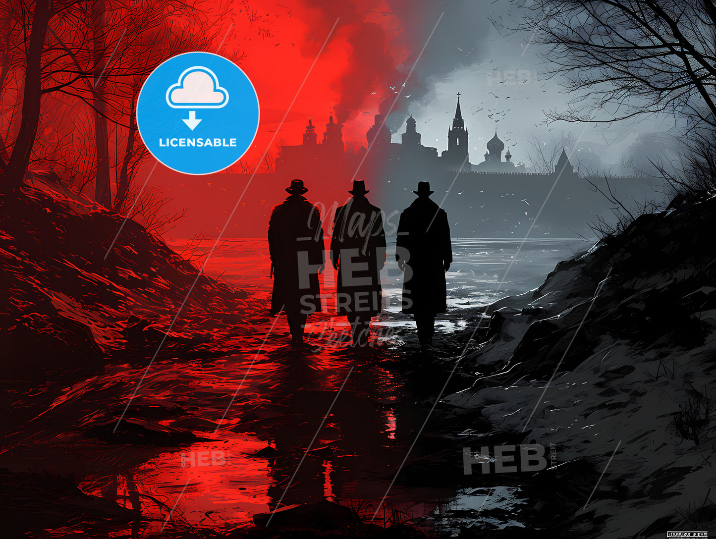 Tshirt Design Minimalist, A Group Of Men Walking On A Path With Red Smoke