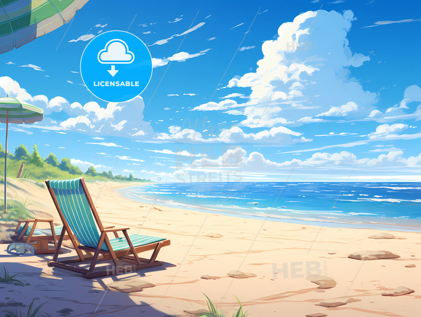 A Wide Sunny Beach, A Beach With Chairs On The Sand